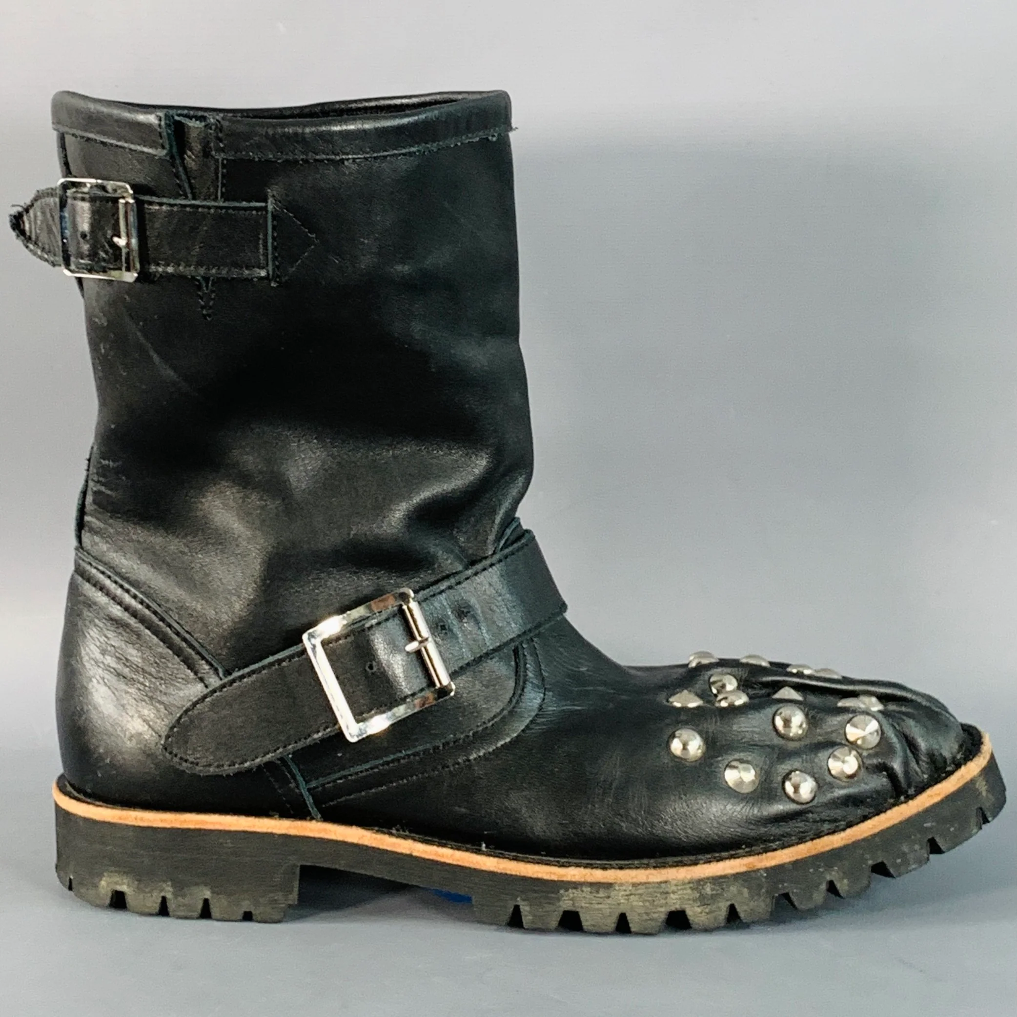 COMME des GARCONS Size 7 Black Leather Studded Pull On Engineer Boots - Image 2