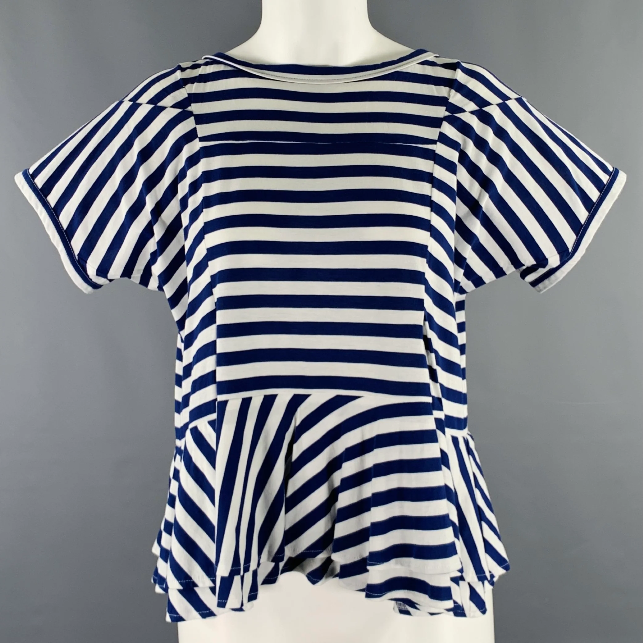 COMME des GARCONS Size S White Blue Cotton Stripe Short Sleeve Casual Top