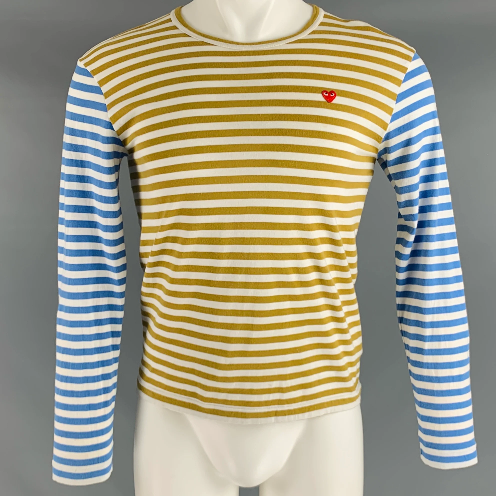 COMME des GARCONS Size S White Blue Tan Stripe Cotton Long Sleeve T-shirt