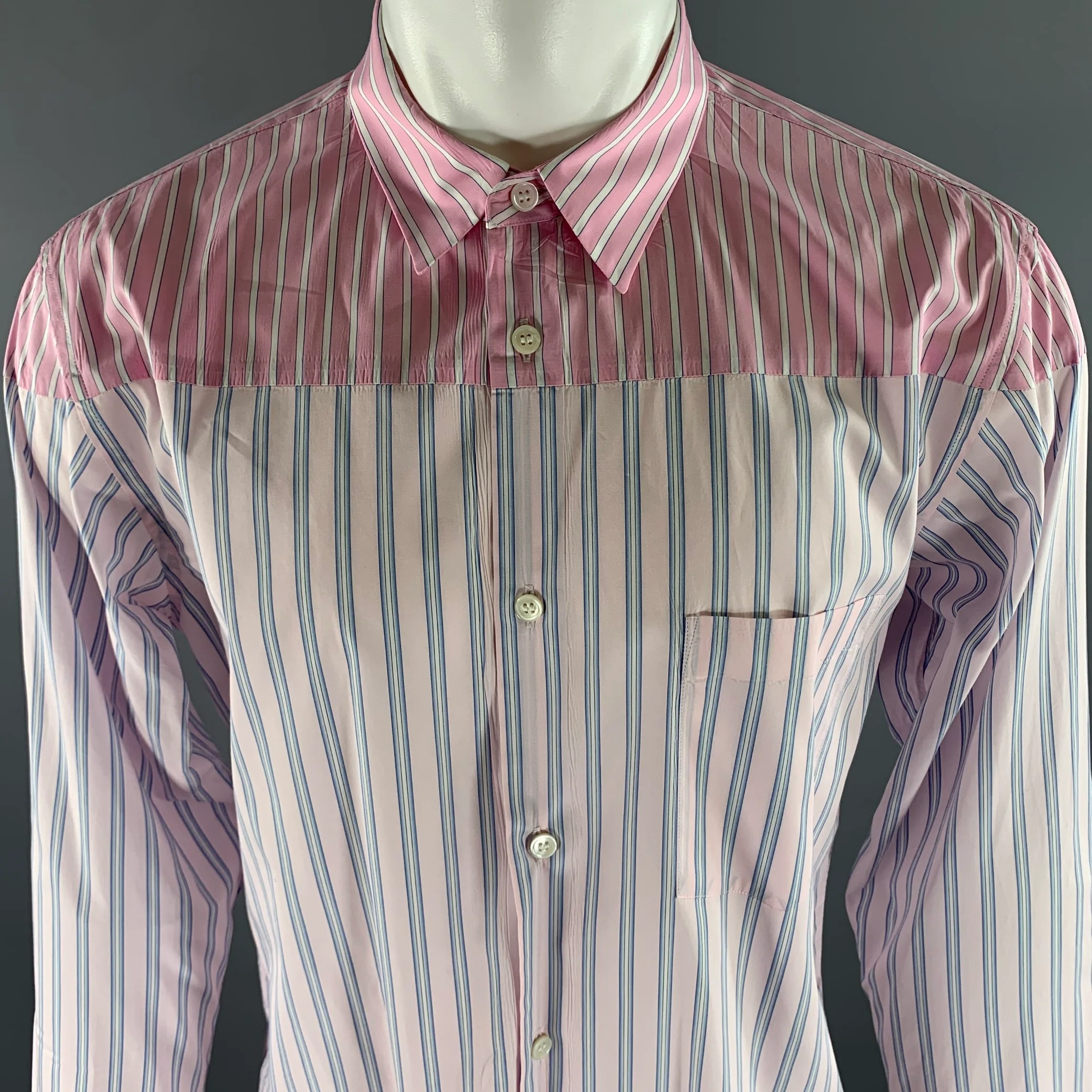 COMME des GARCONS Size XL Pink Blue Stripe Cotton Long Sleeve Shirt - Image 2