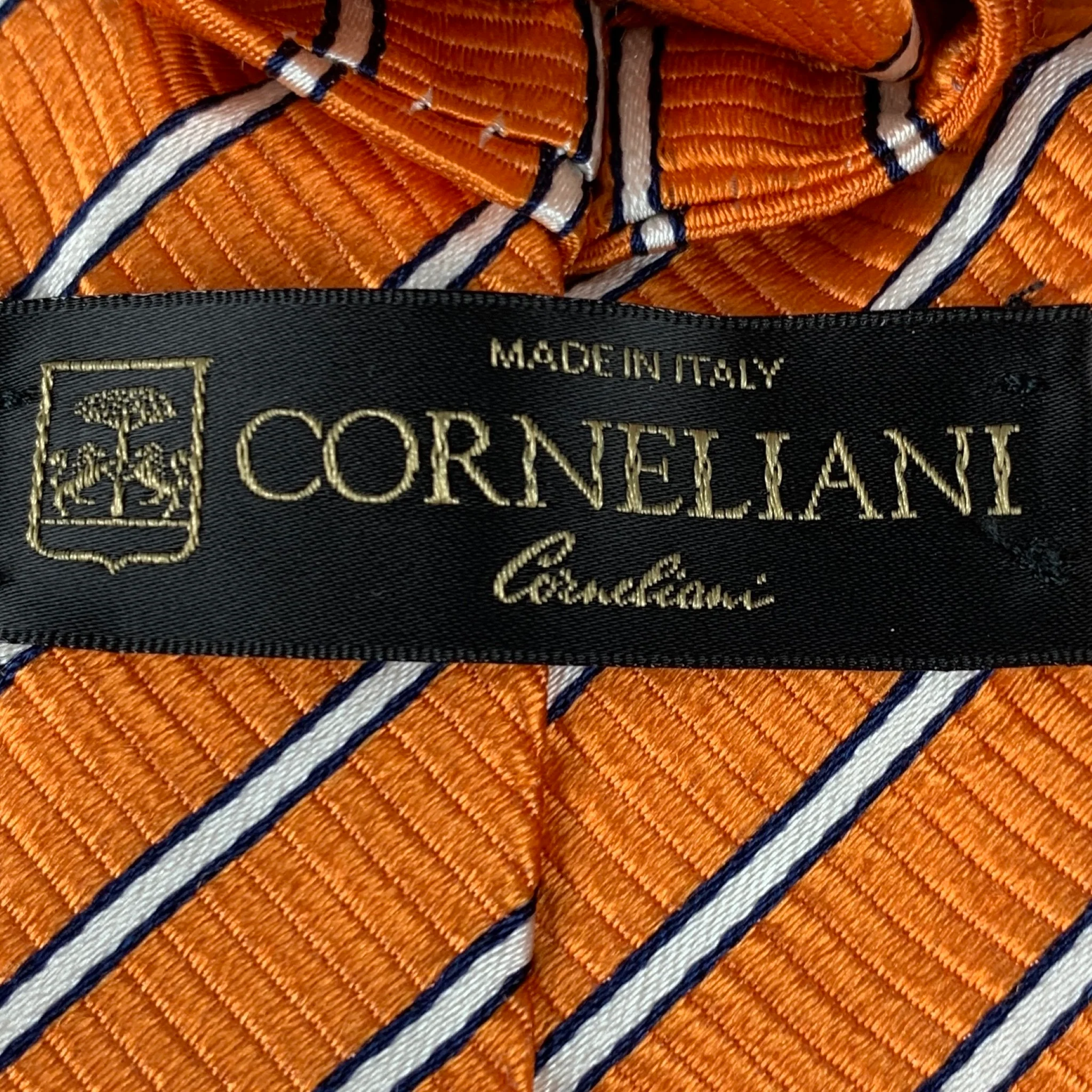 CORNELIANI Orange White Diagonal Stripe Silk Tie - Image 4