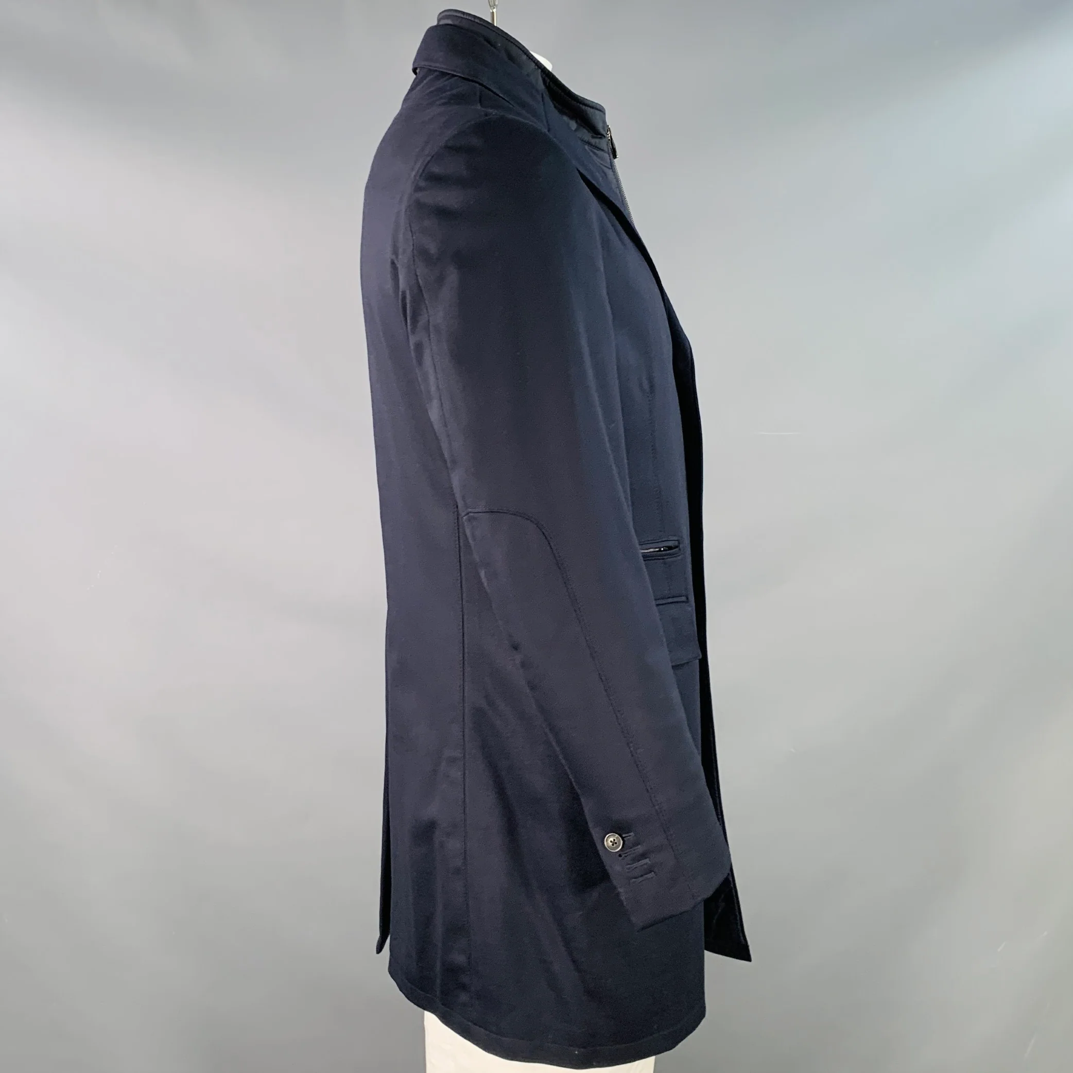 CORNELIANI Size 42 Black Twill Wool Blend Single Breasted Water Resistant Coat - Image 4