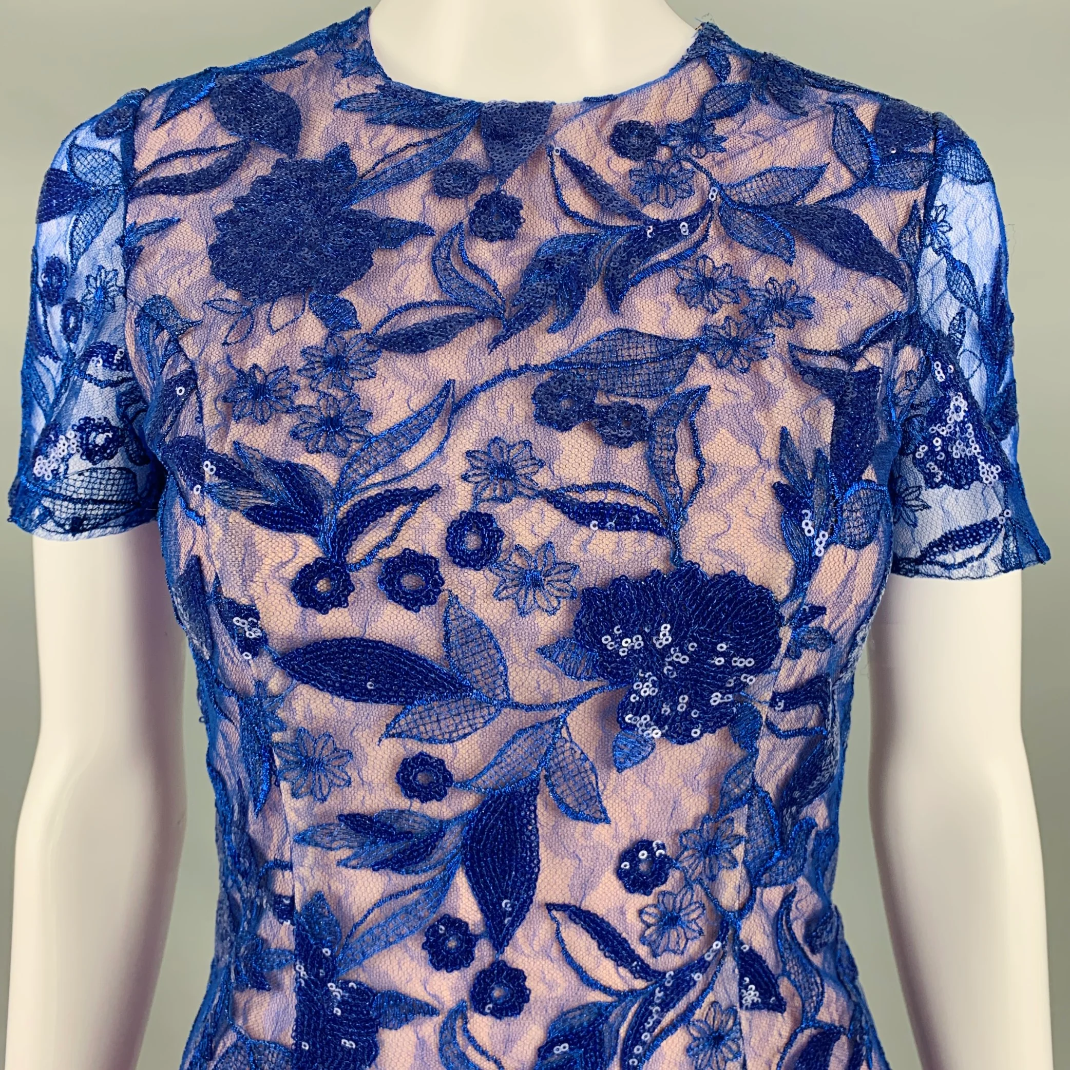 COSTARELLOS Size 4 Blue Nude Polyester Blend Floral Sequined Midi Cocktail Dress - Image 3