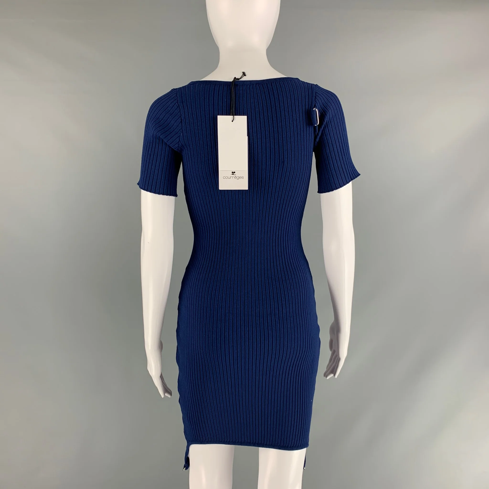 COURREGES Size S Blue Viscose Polyester Ribbed Fitted Dress - Image 4