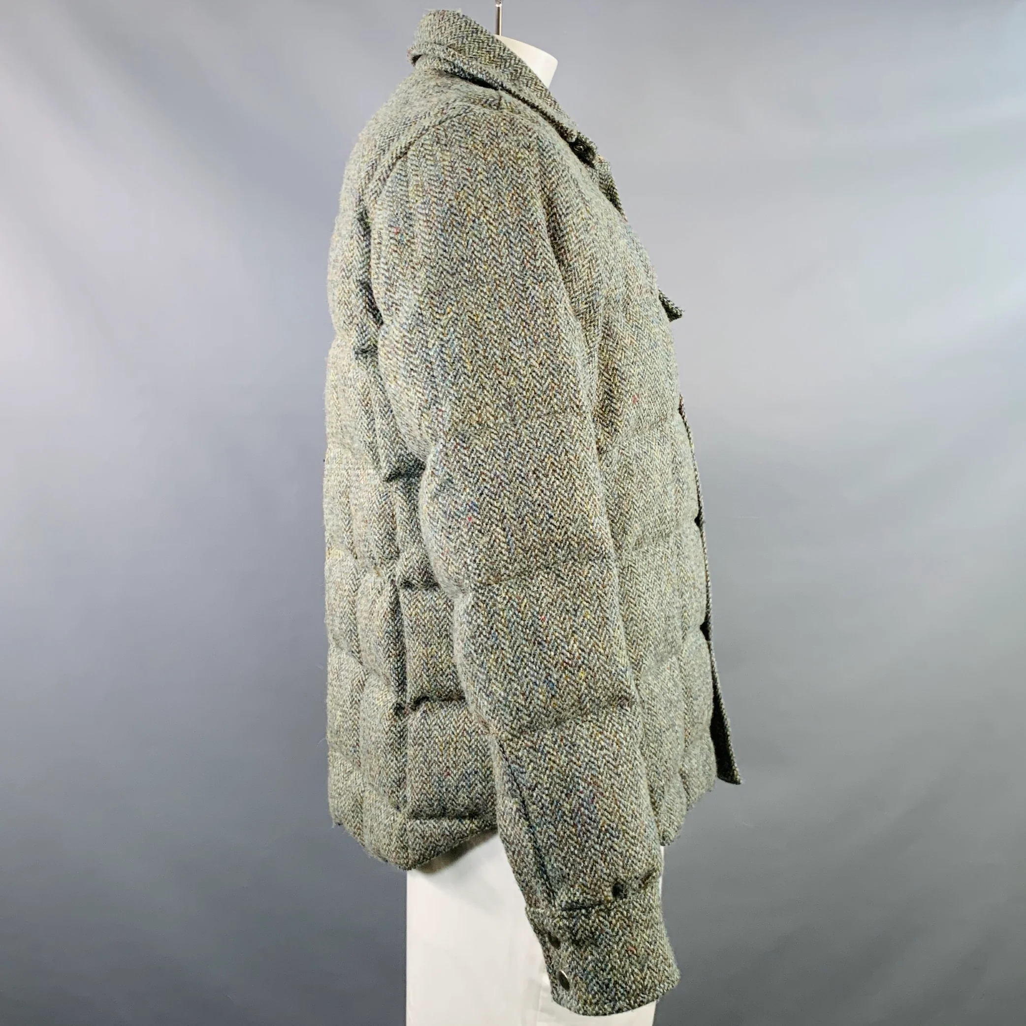 CRESCENT DOWN WORKS Size XL Green Herringbone Virgin Wool Snaps Jacket - Image 3
