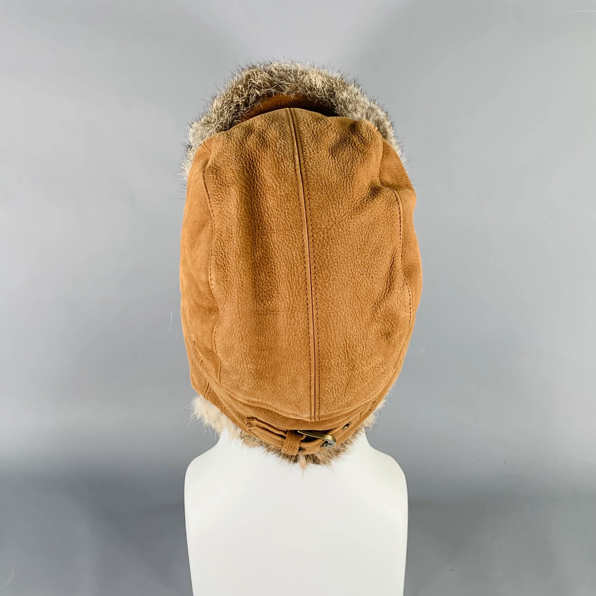 CROWNCAP Size L Brown Leather Rabbit Fur Aviator Cap Hat - Image 4
