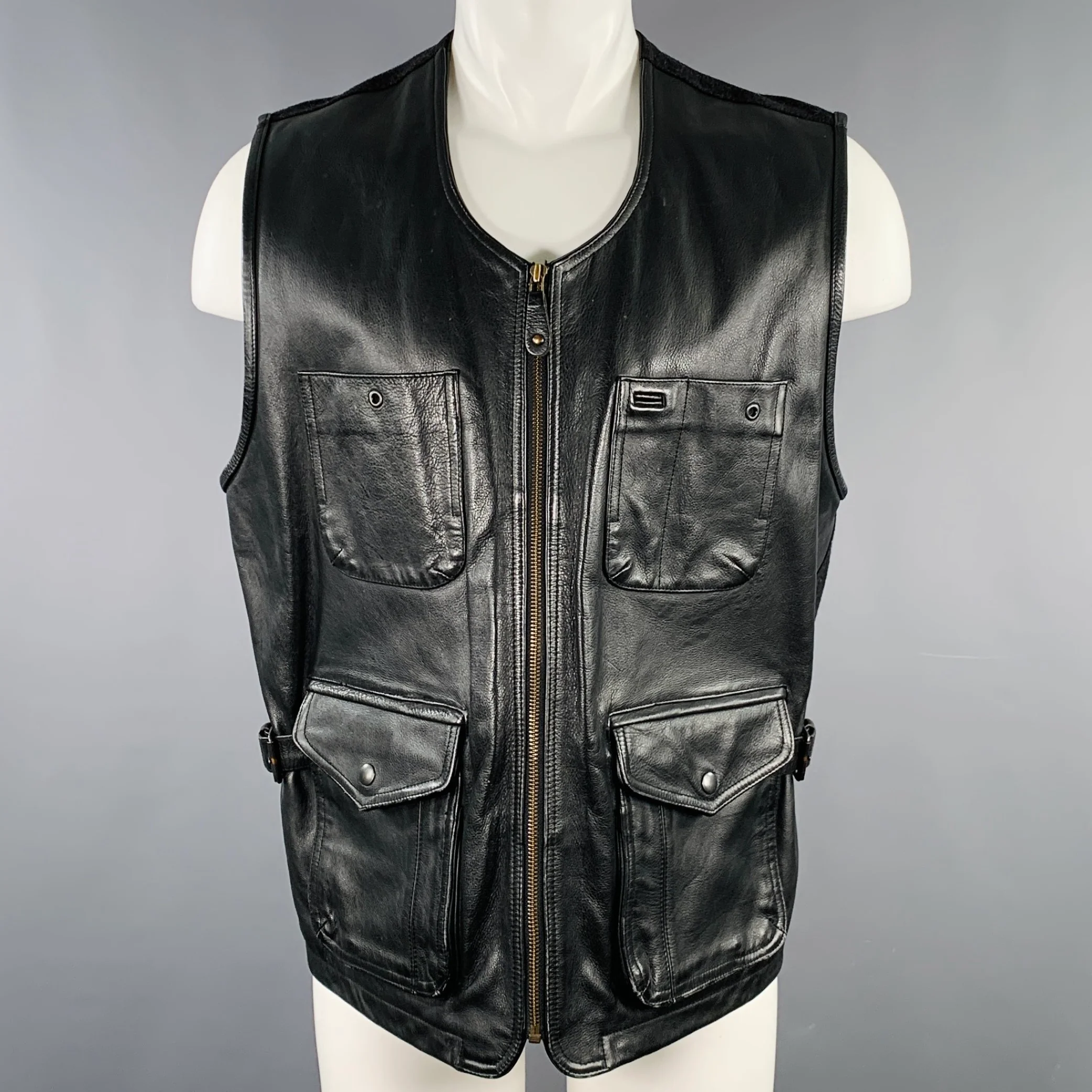CUIR DU MONDE Size S Black Mixed Fabrics Leather Utility Vest