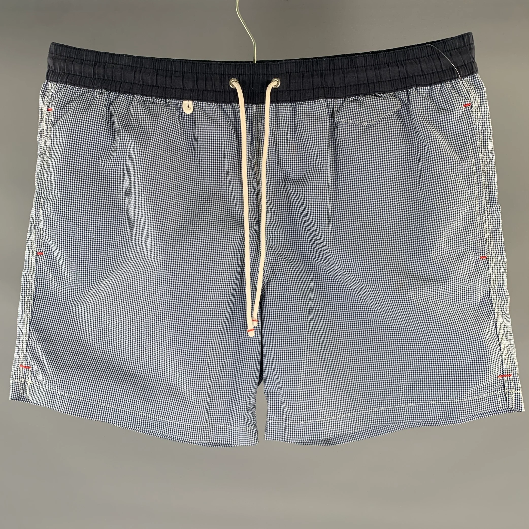 CUISSE DE GRENOUILLE Size M Navy White Blue Checkered Drawstring Swim Trunks