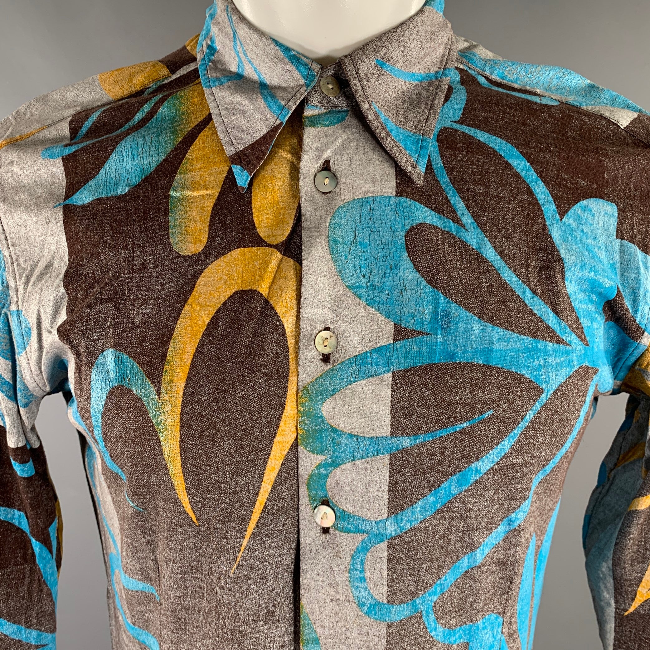 CUSTO BARCELONA Size XS Brown Blue & Silver Abstract Floral Long Sleeve Shirt - Image 2