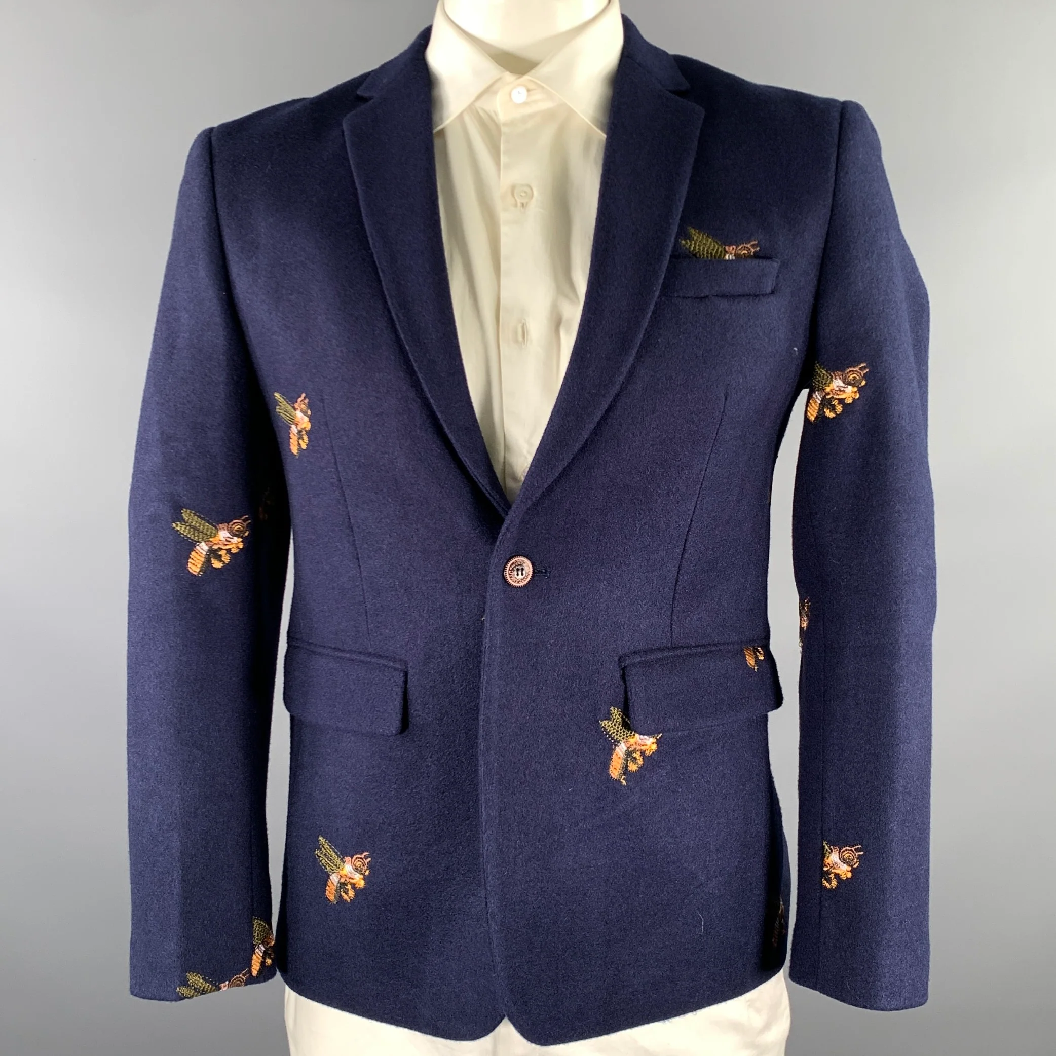 CUSTOM MADE Size 40 Navy Orange Bee Notch Lapel Sport Coat