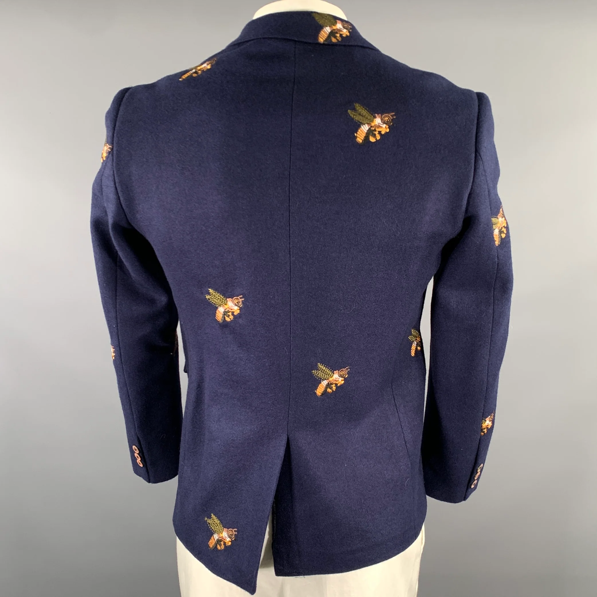CUSTOM MADE Size 40 Navy Orange Bee Notch Lapel Sport Coat - Image 5