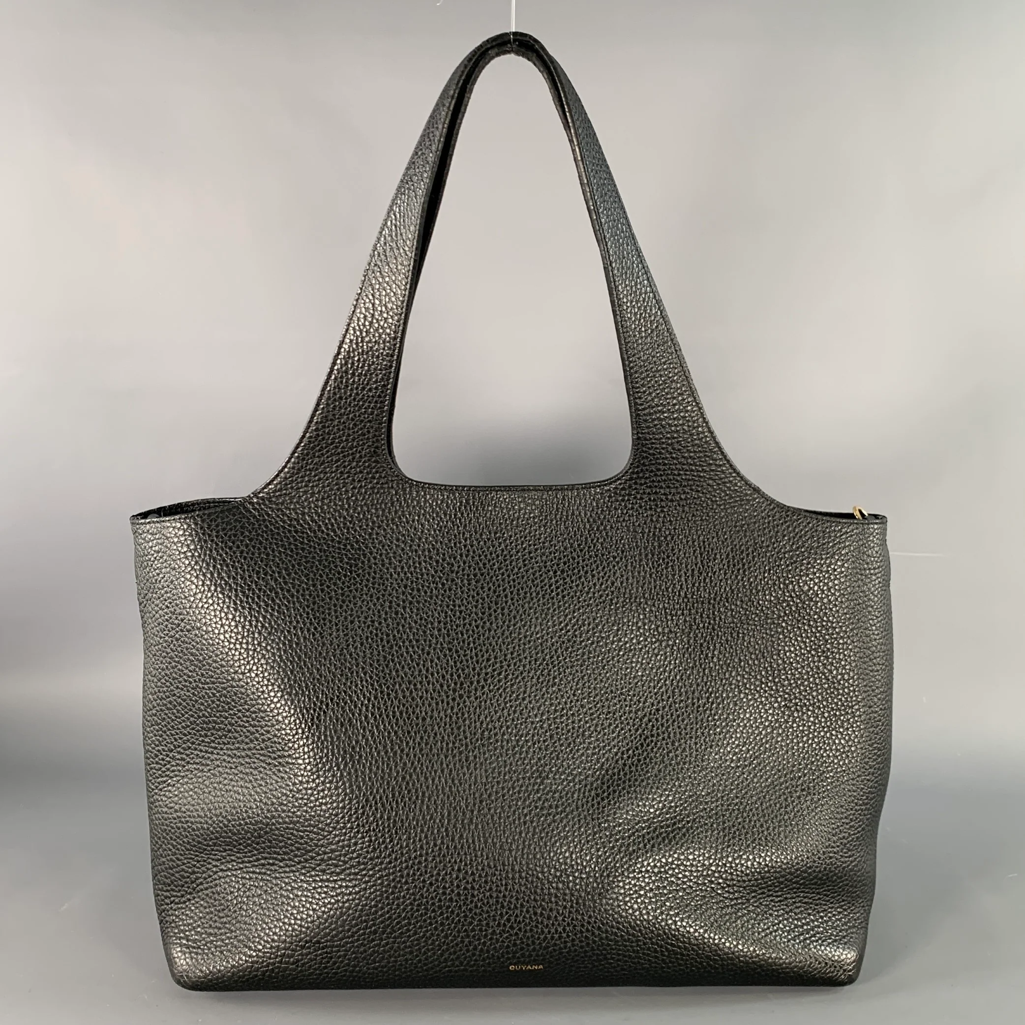 CUYANA Black Pebble Grain Leather Top Handles Tote Bag