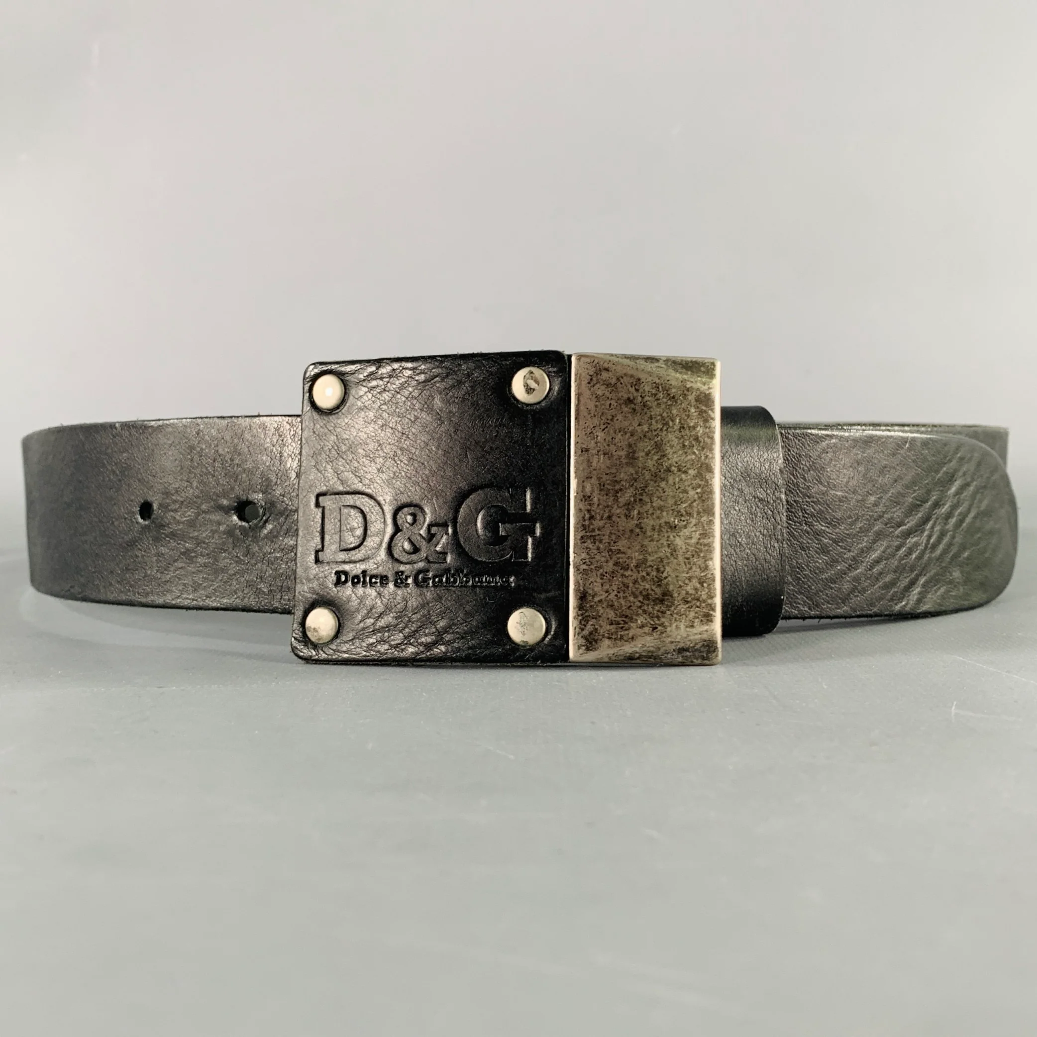 D&G by DOLCE & GABBANA Size 34 Black Gunmetal Leather Belt