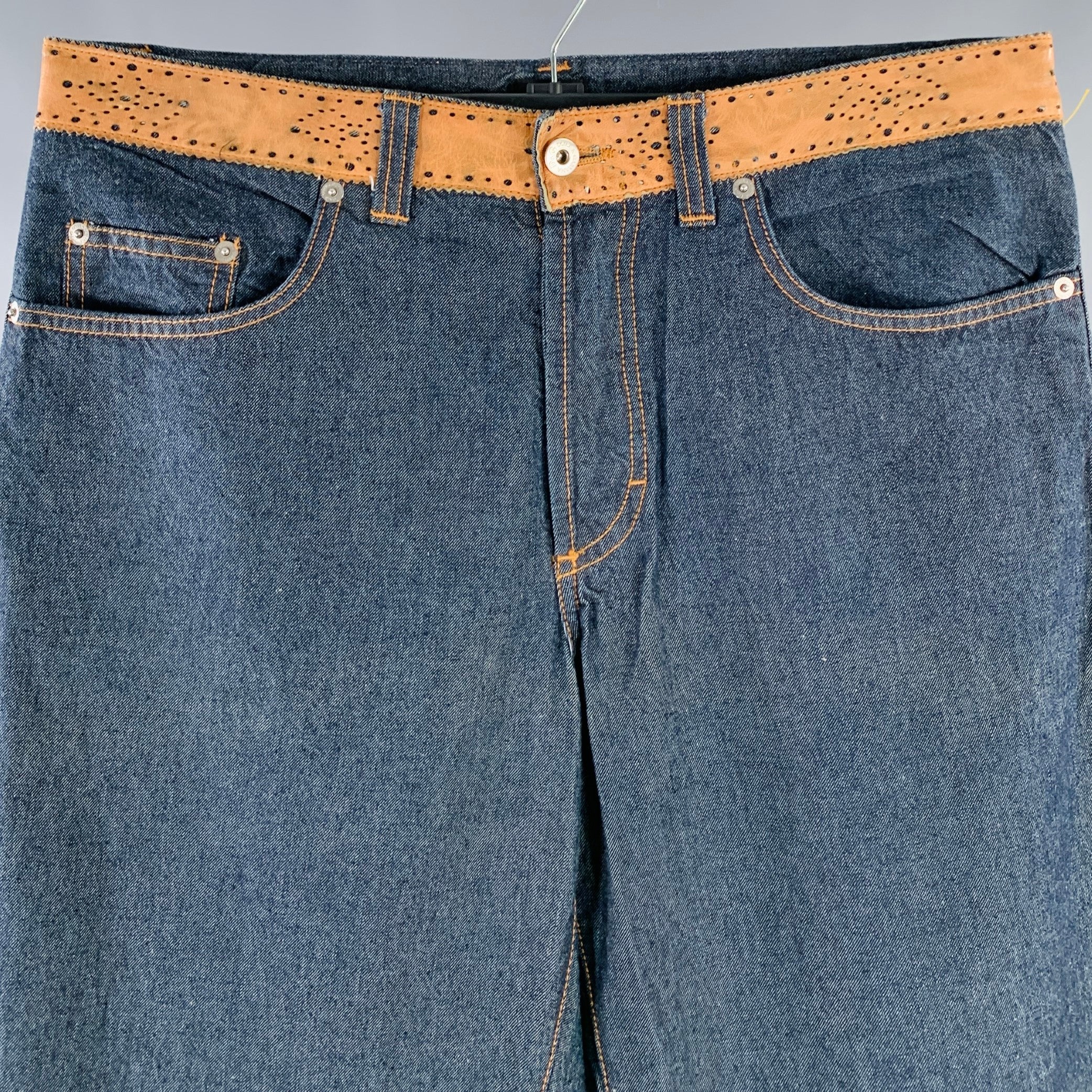 D&G by DOLCE & GABBANA Size 35 Blue Tan Perforated Leather Cotton Denim Wide Leg Jeans - Image 2