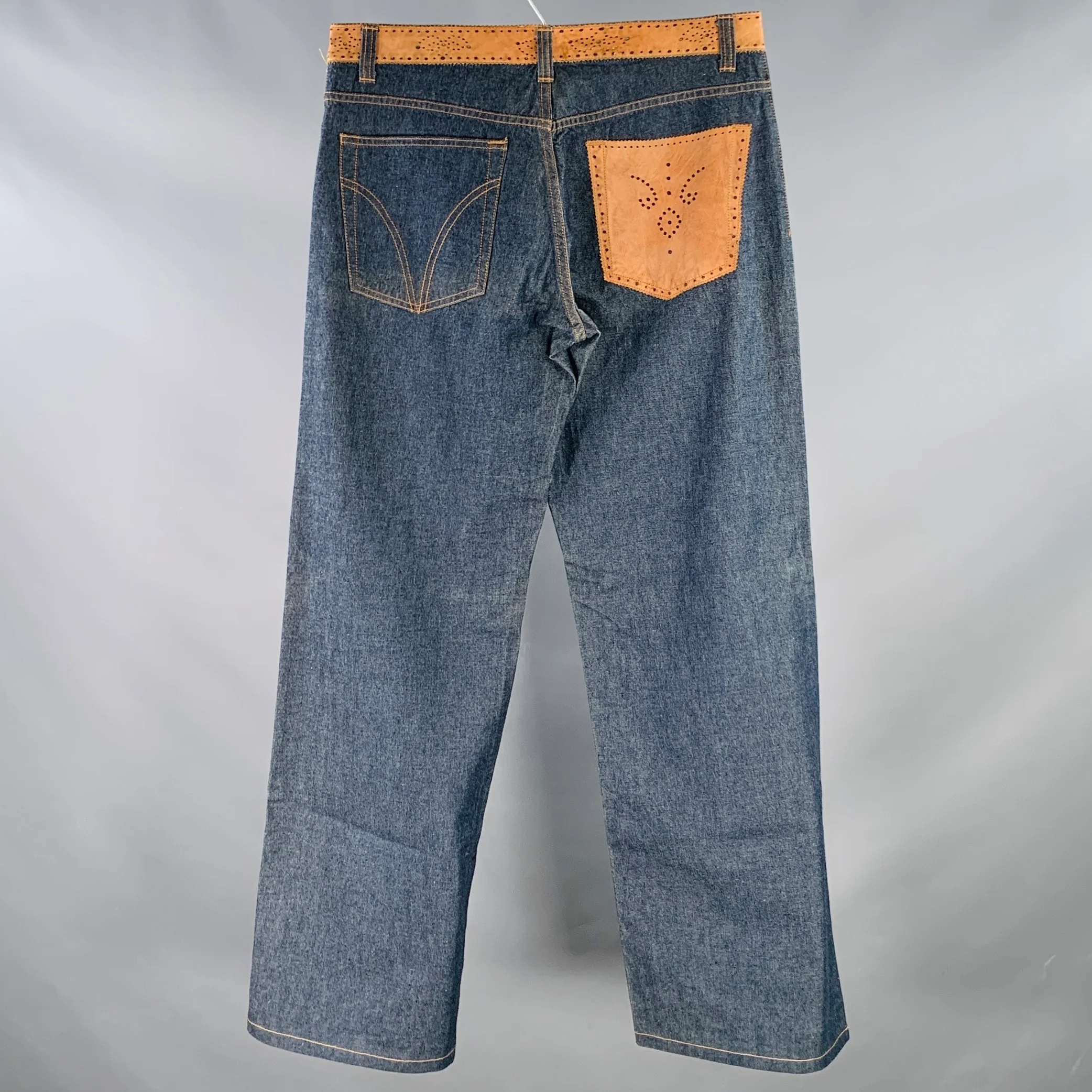 D&G by DOLCE & GABBANA Size 35 Blue Tan Perforated Leather Cotton Denim Wide Leg Jeans - Image 3