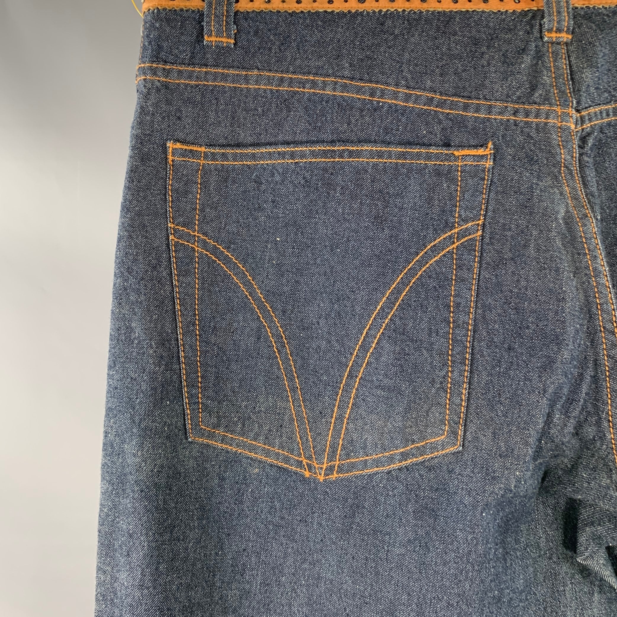 D&G by DOLCE & GABBANA Size 35 Blue Tan Perforated Leather Cotton Denim Wide Leg Jeans - Image 4