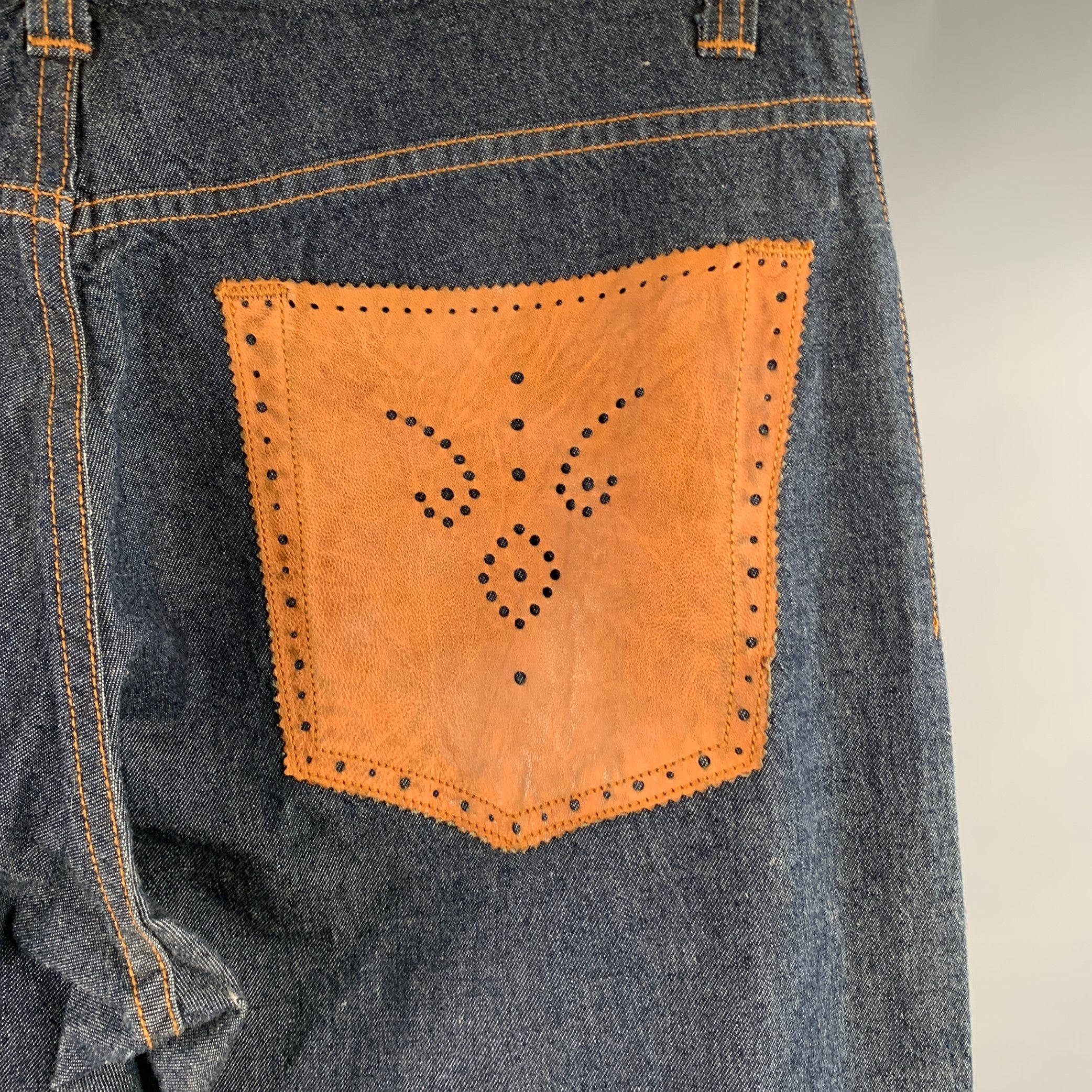 D&G by DOLCE & GABBANA Size 35 Blue Tan Perforated Leather Cotton Denim Wide Leg Jeans - Image 5