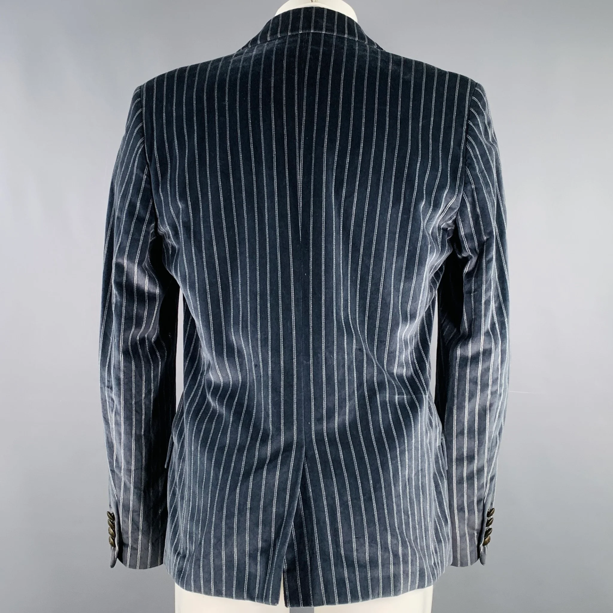 D&G by DOLCE & GABBANA Size 40 Navy Grey Stripe Velvet Sport Coat - Image 4