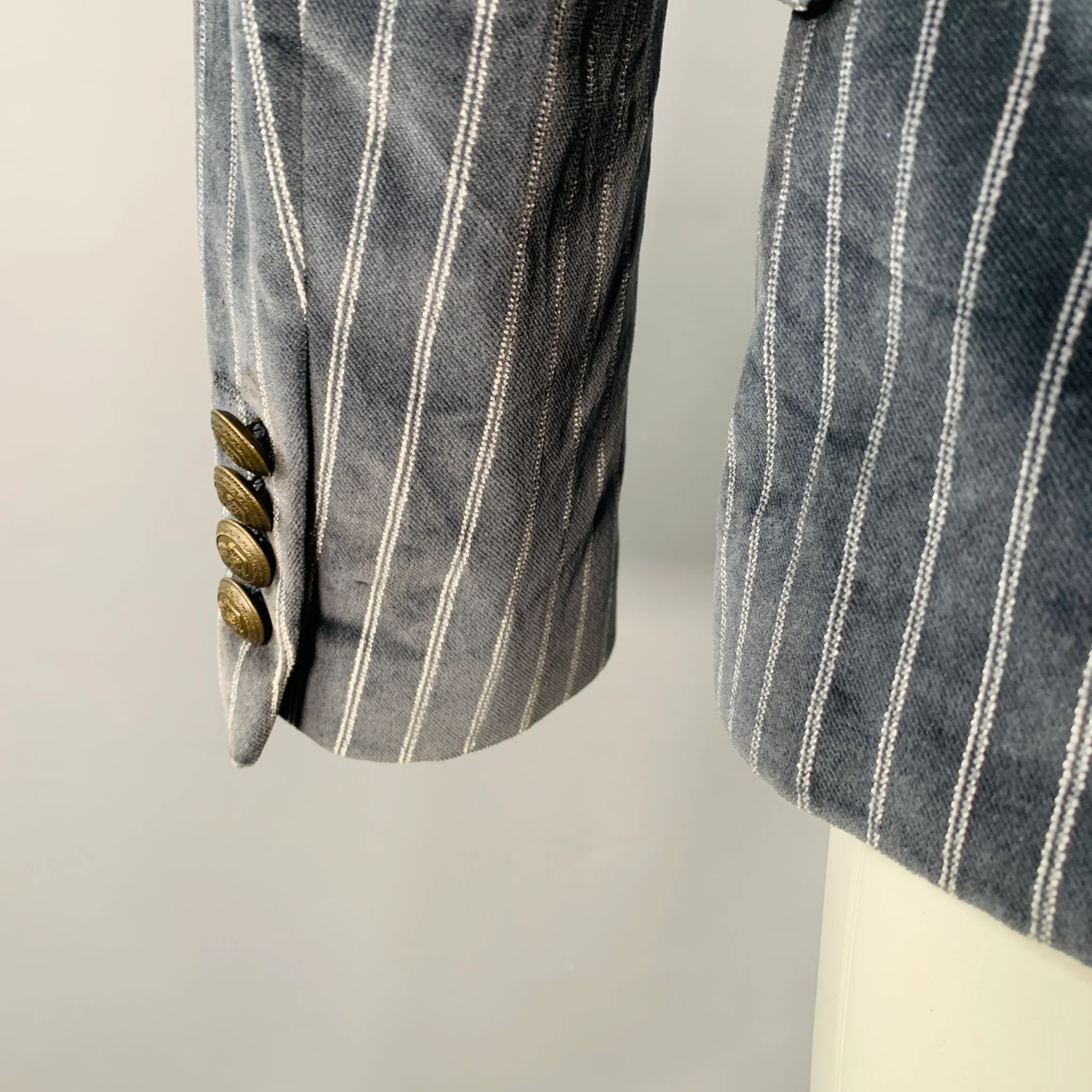 D&G by DOLCE & GABBANA Size 40 Navy Grey Stripe Velvet Sport Coat - Image 5
