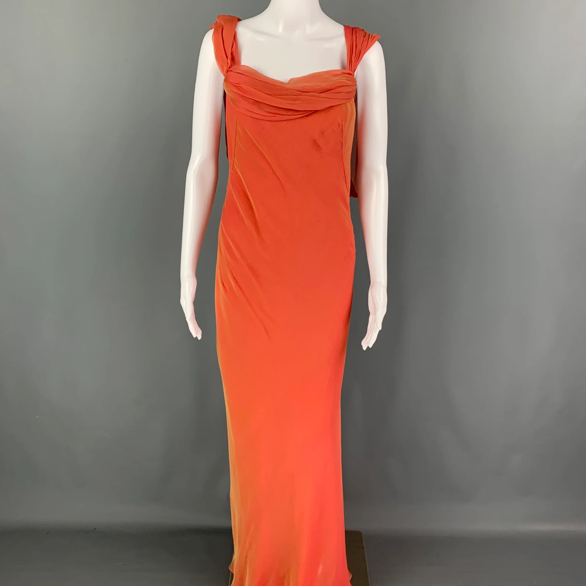 DANES Size 6 Orange Silk Sleeveless Long Gown Evening Wear