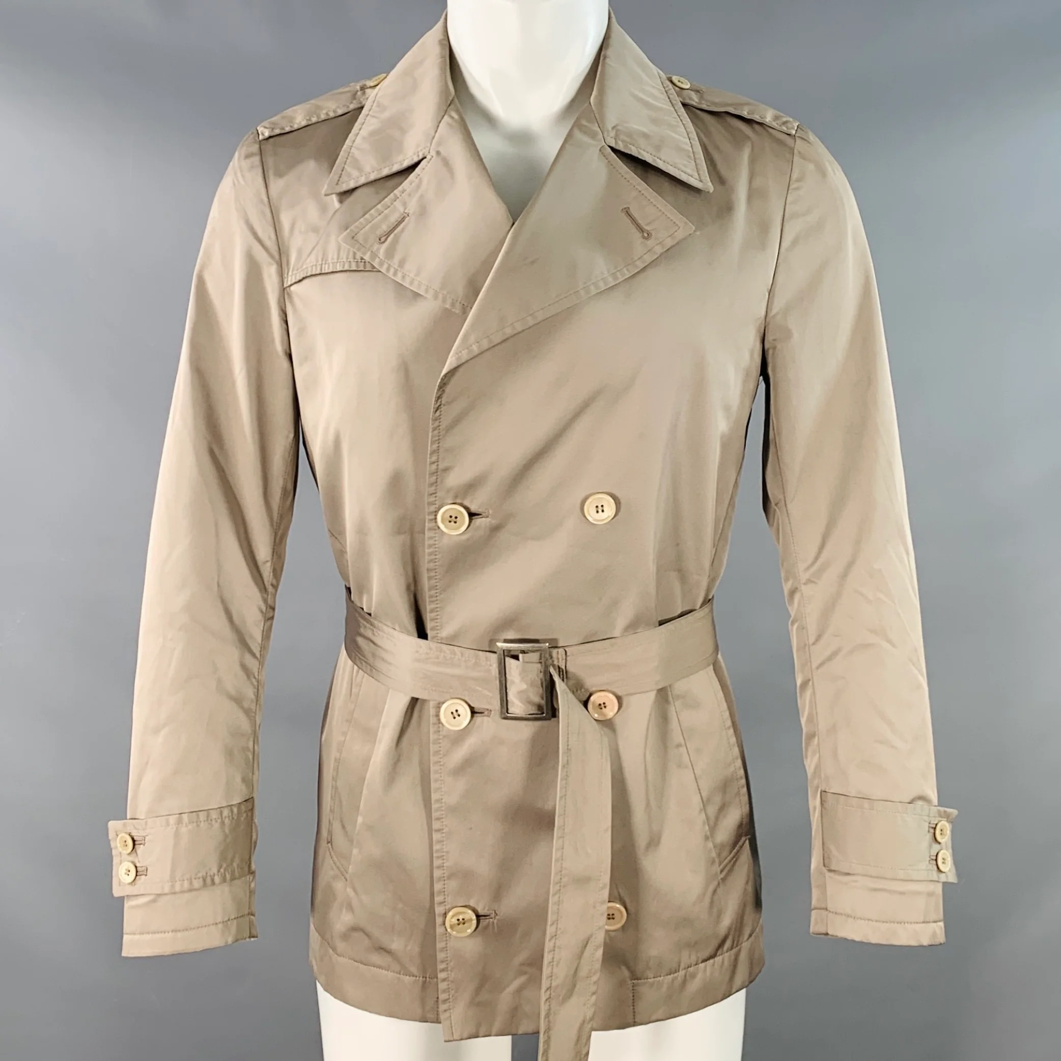 DANIELE ALESSANDRINI Size 38 Khaki Satin Double Breasted Belted Jacket
