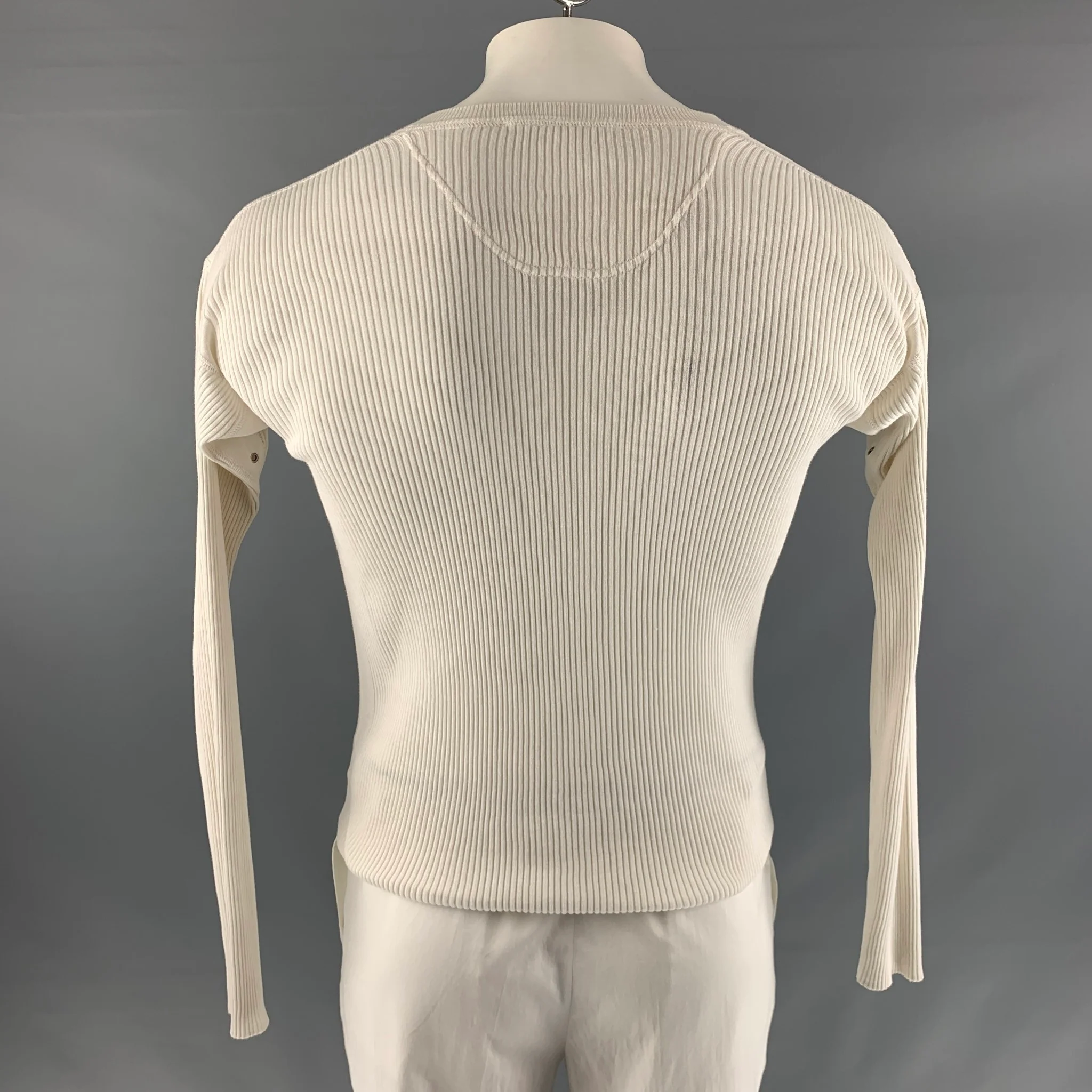 DANIELE ALESSANDRINI Size 42 Cream Ribbed Cotton V-Neck Pullover - Image 4