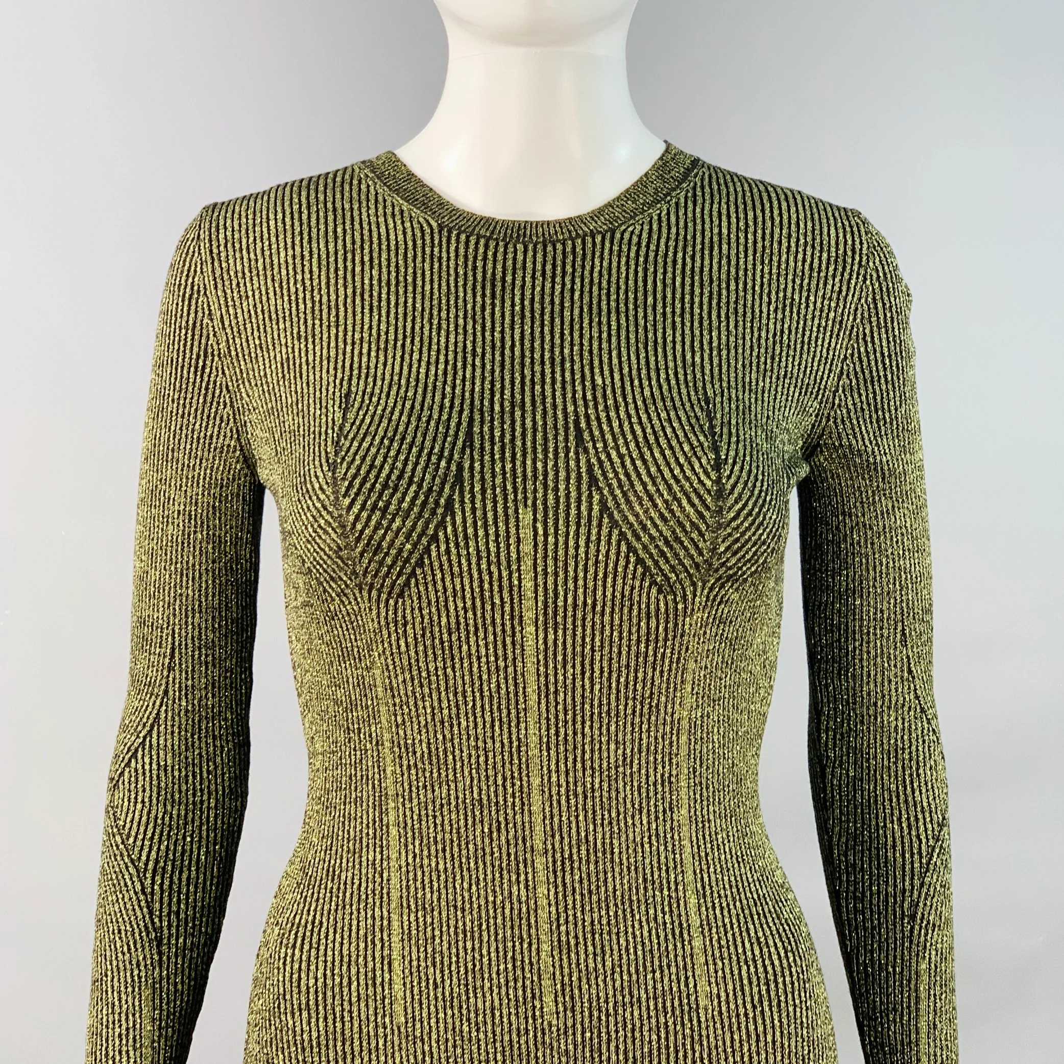 DEL CORE Size S Black Metallic Green Merino Wool Blend Rib Knit Long Cocktail Dress - Image 2