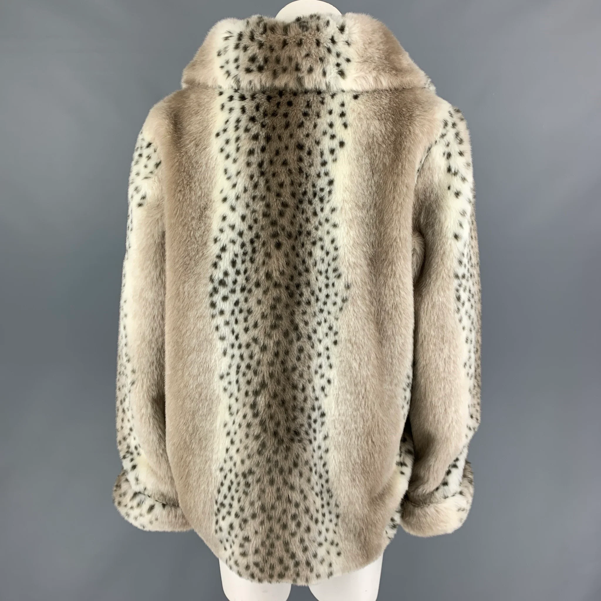 DENNIS BASSO Size L Cream Brown Polyester Animal Print Faux Fur Zip Up Coat - Image 3