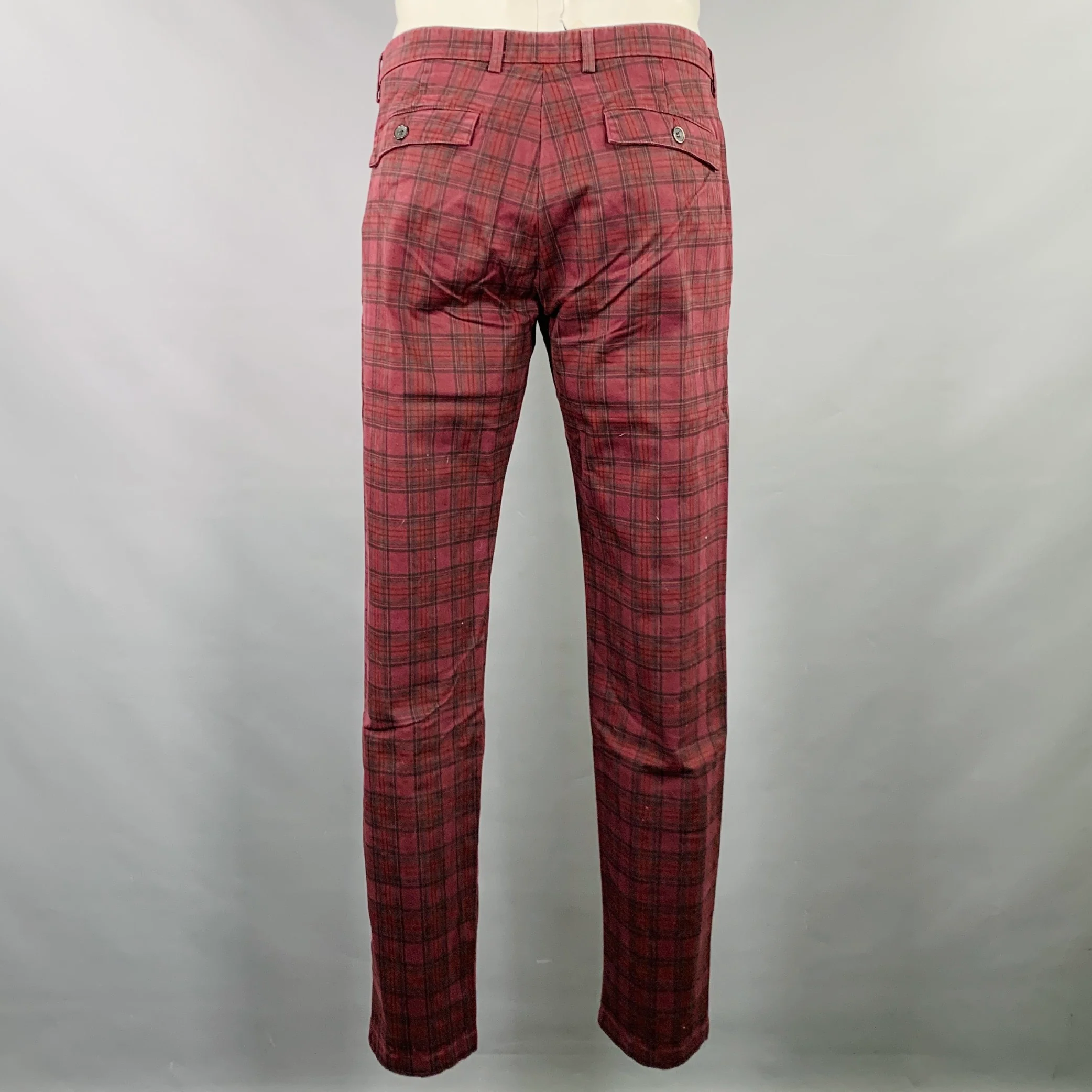 DEPARTMENT FIVE Size 35 Burgundy Black Plaid Cotton Casual Pants - Image 3