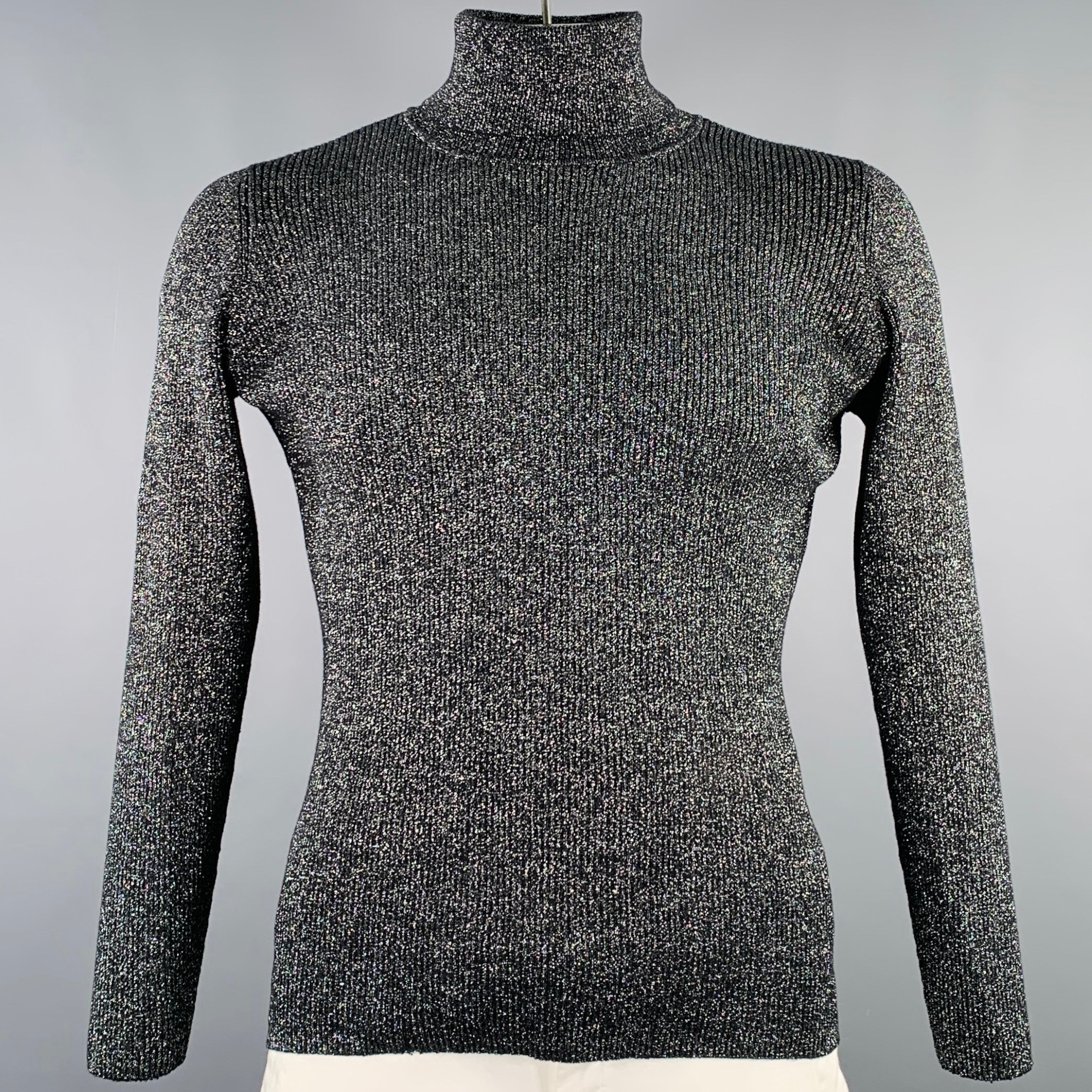 DG2 Size L Black Silver Ribbed Cotton Blend Turtleneck Pullover
