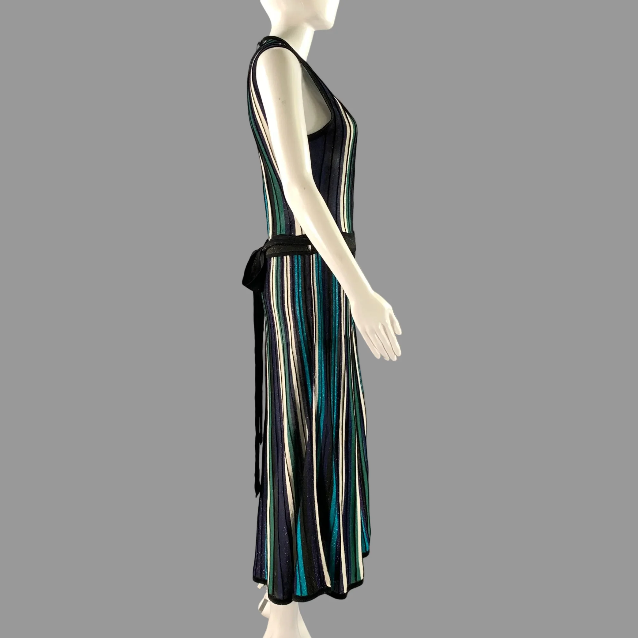 DIANE VON FURSTENBERG Size M Black Green Silk Blend Stripe Wrap Mid-Calf Dress - Image 3