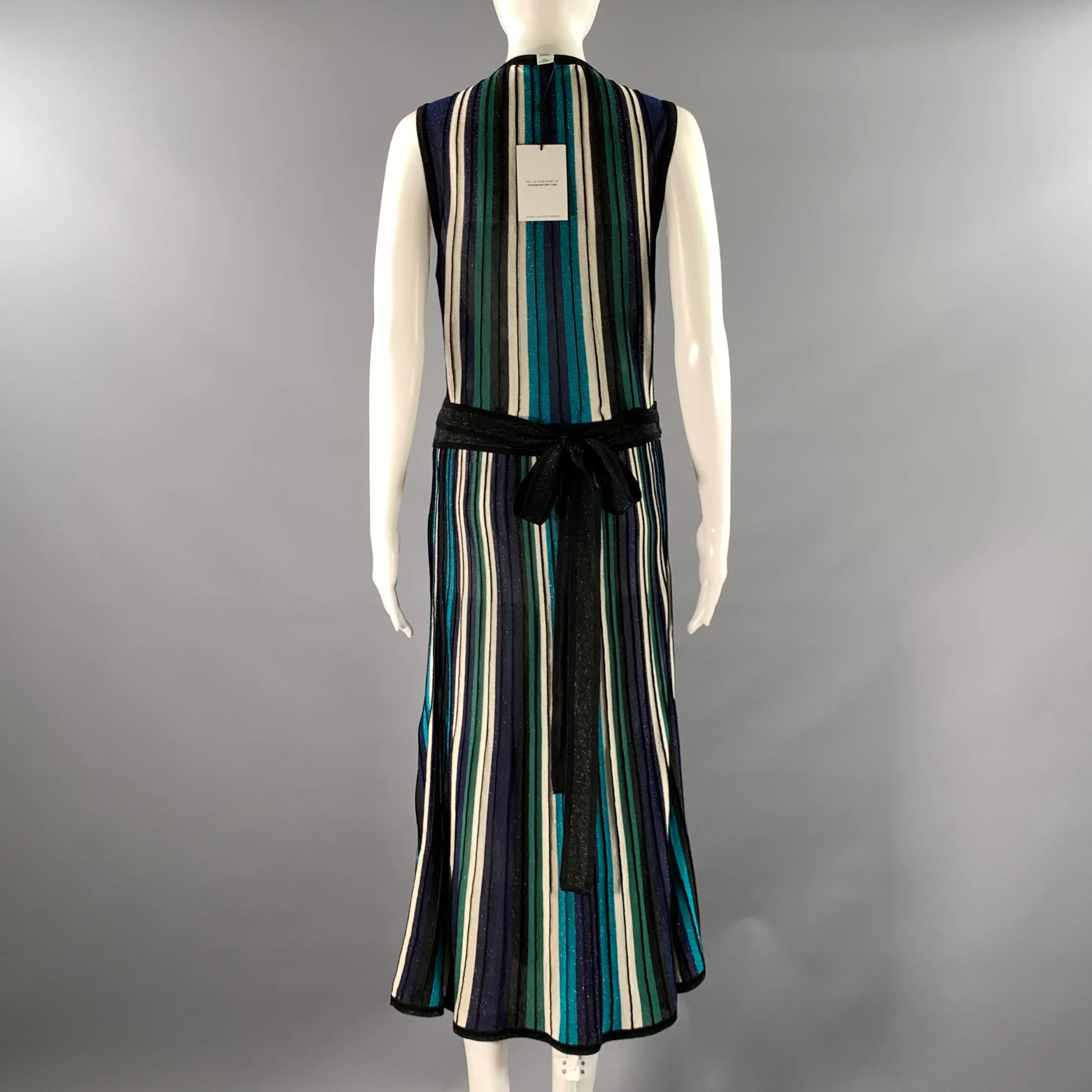 DIANE VON FURSTENBERG Size M Black Green Silk Blend Stripe Wrap Mid-Calf Dress - Image 4