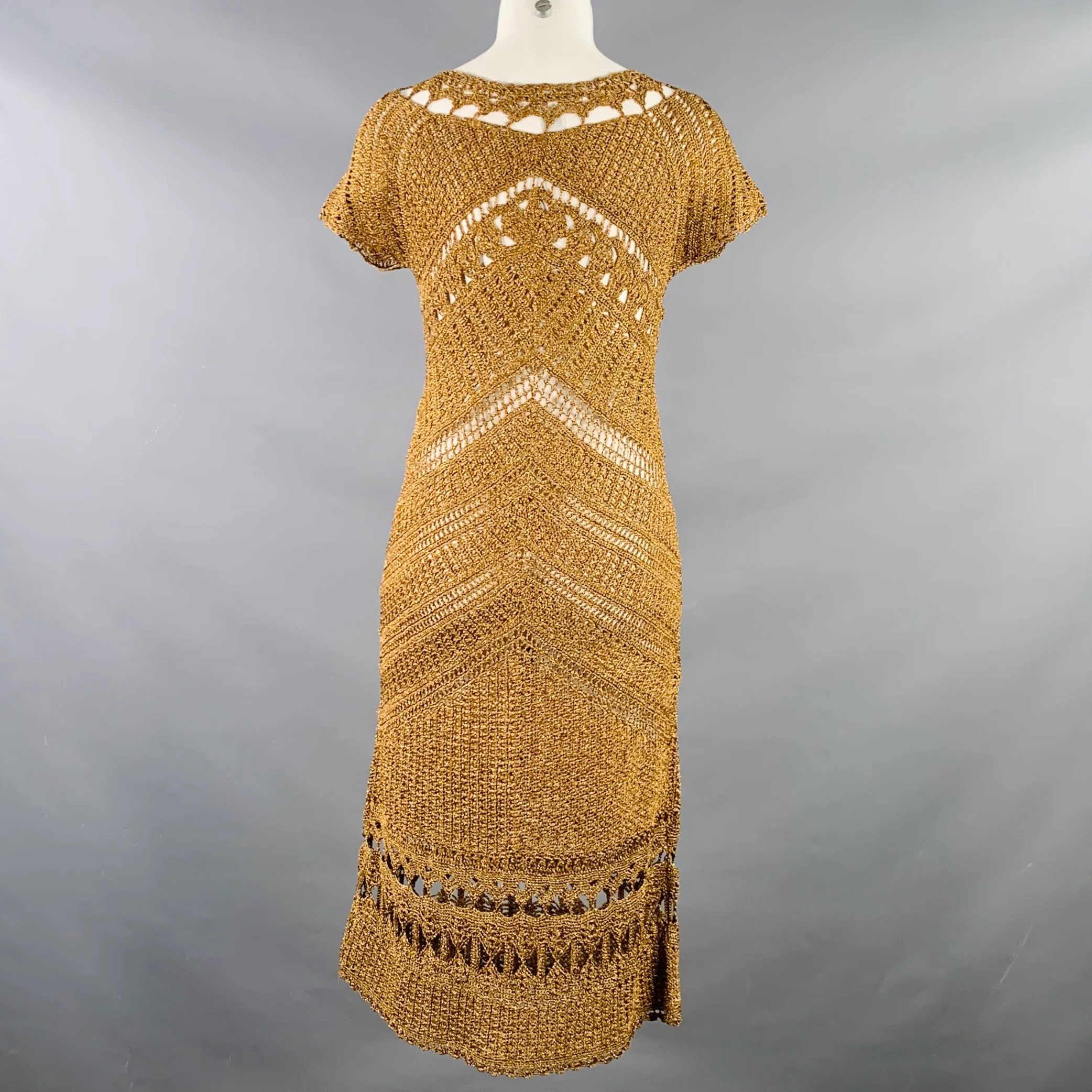 DIANE VON FURSTENBERG Size M Gold Acetate Blend Crochet Dress - Image 4
