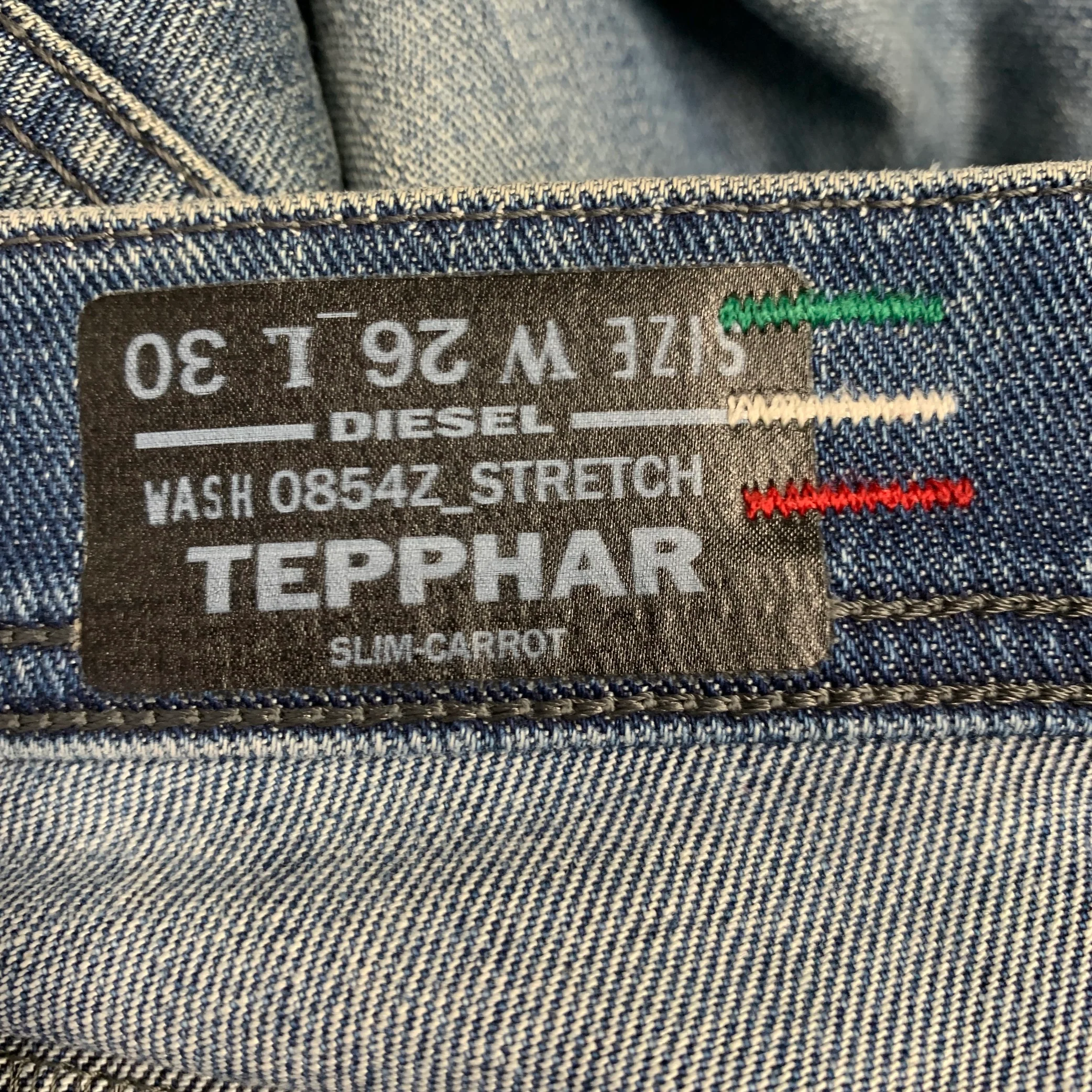 DIESEL FW16 Size 26 Tepphar Blue Distressed Cotton Blend Tapered Slim Jeans - Image 8