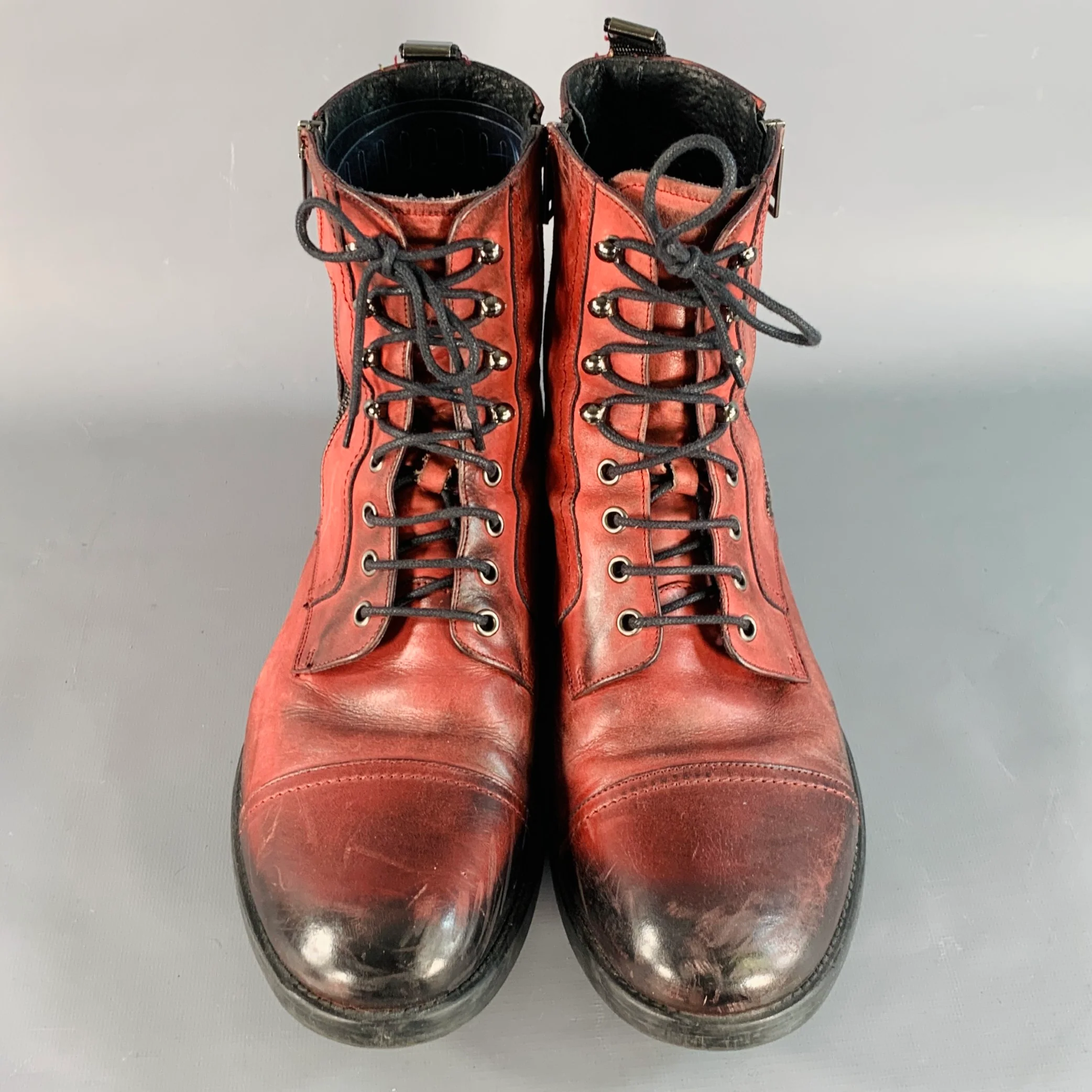 DIESEL Size 11 Burgundy Black Distressed Leather Double Zipper Boots - Image 4