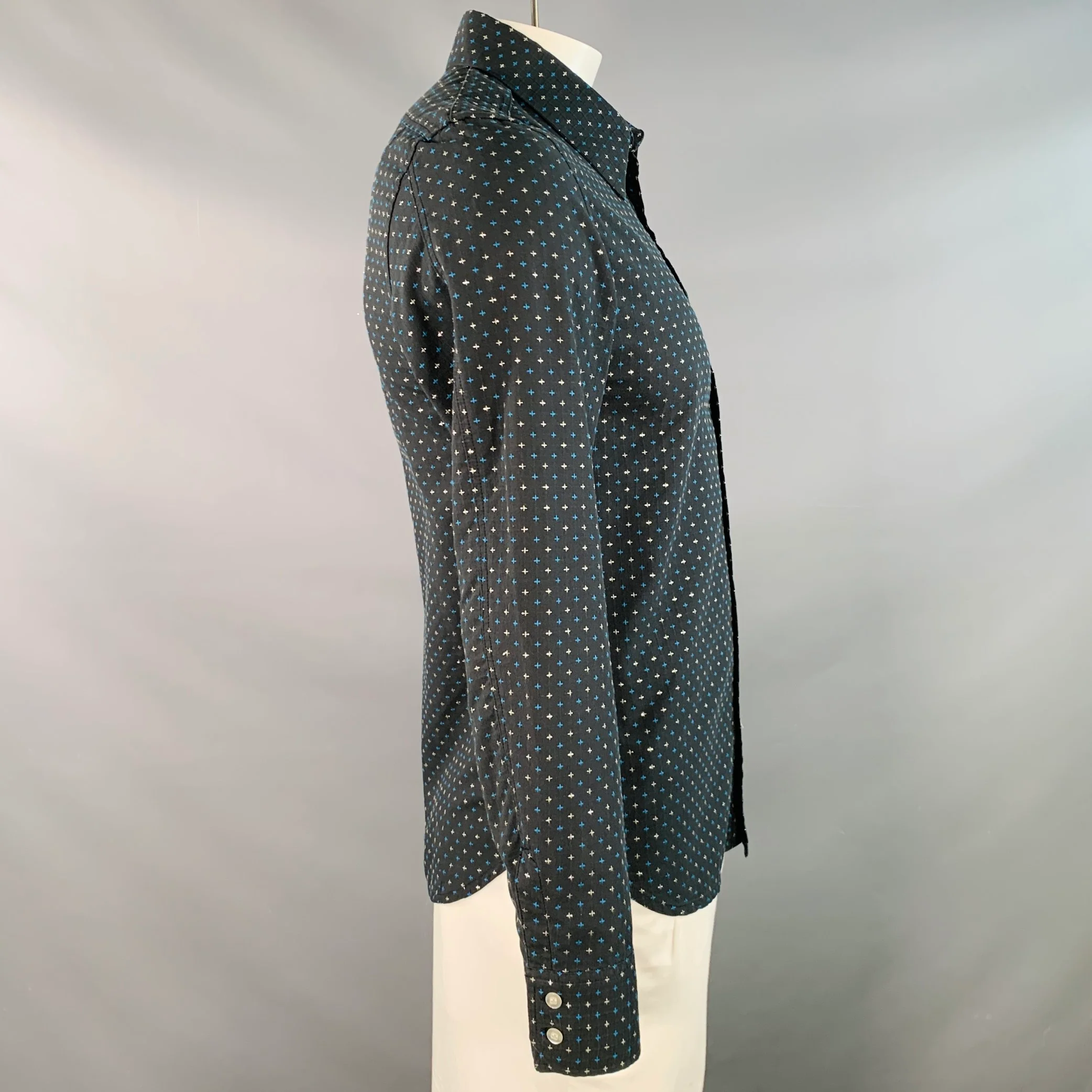 DIESEL Size L Black Silver Blue Embroidered Cross Cotton Slim Fit Long Sleeve Shirt - Image 3