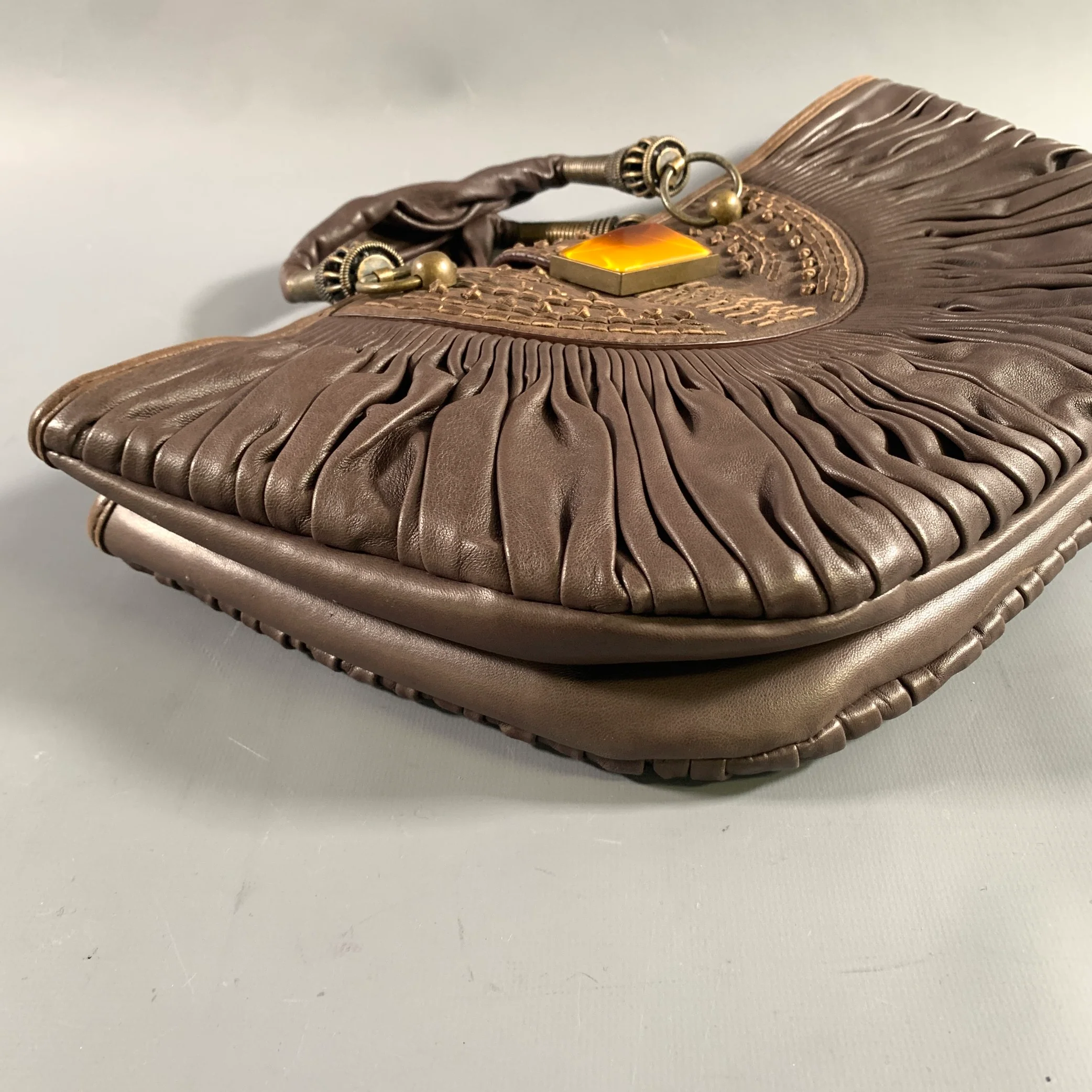 DIOR Brown Yellow Pleated Lambskin Leather Bags - Image 11