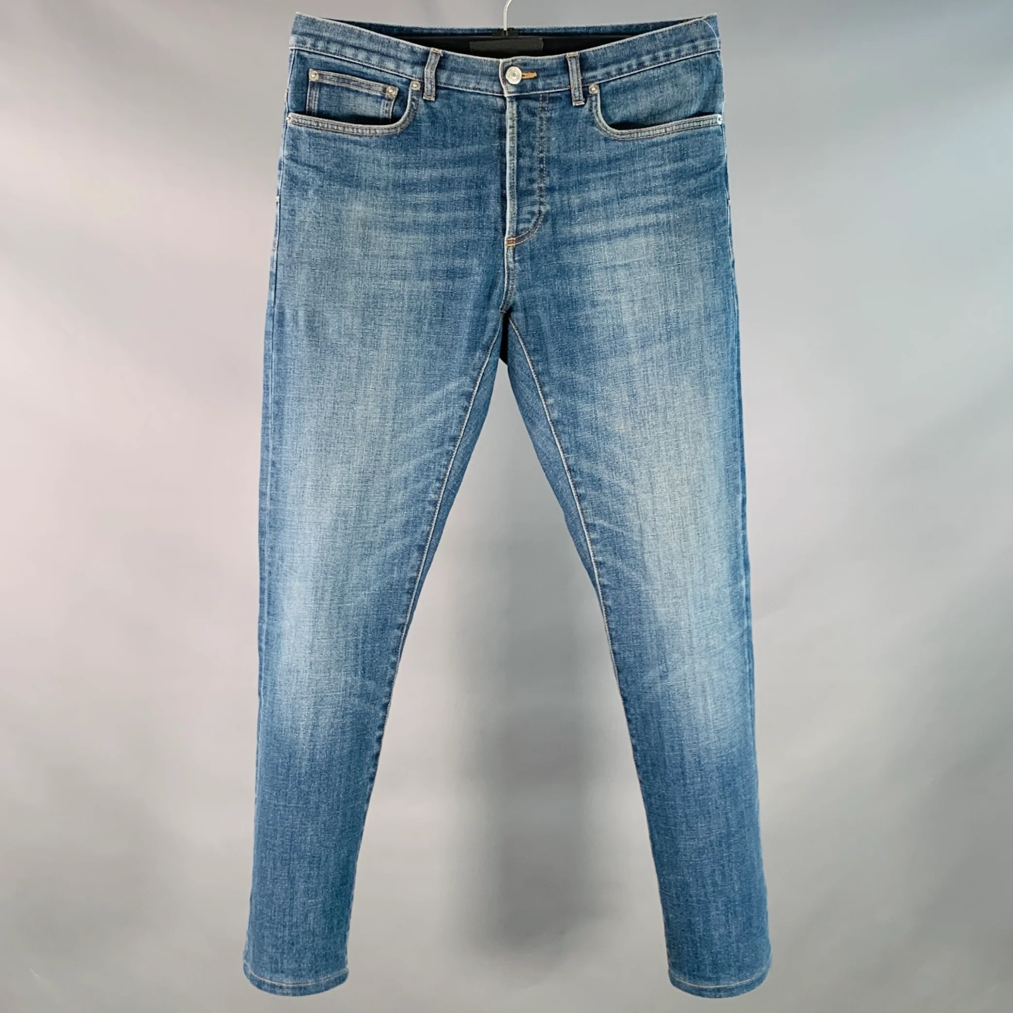 DIOR HOMME Size 30 Blue Contrast Stitch Cotton Blend Twill Slim Straight Jeans