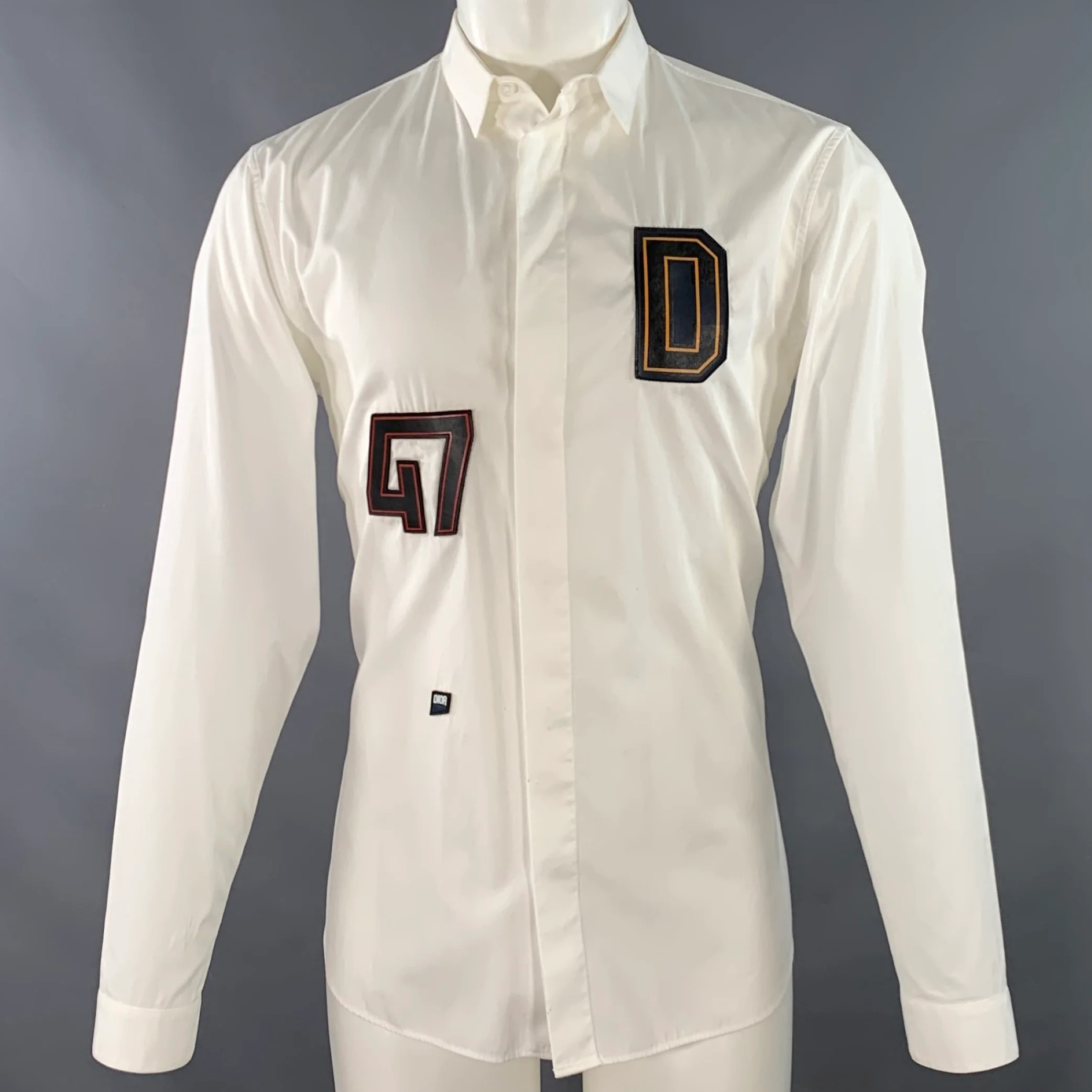 DIOR HOMME Size M White Applique Cotton Hidden Placket Long Sleeve Shirt