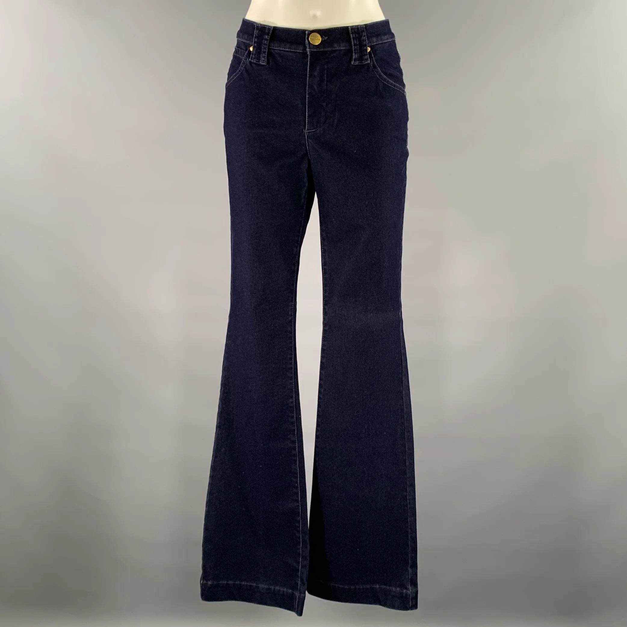 DISMERO Size 8 Navy Cotton Blend Velvet Grid Slim Bootcut Pants
