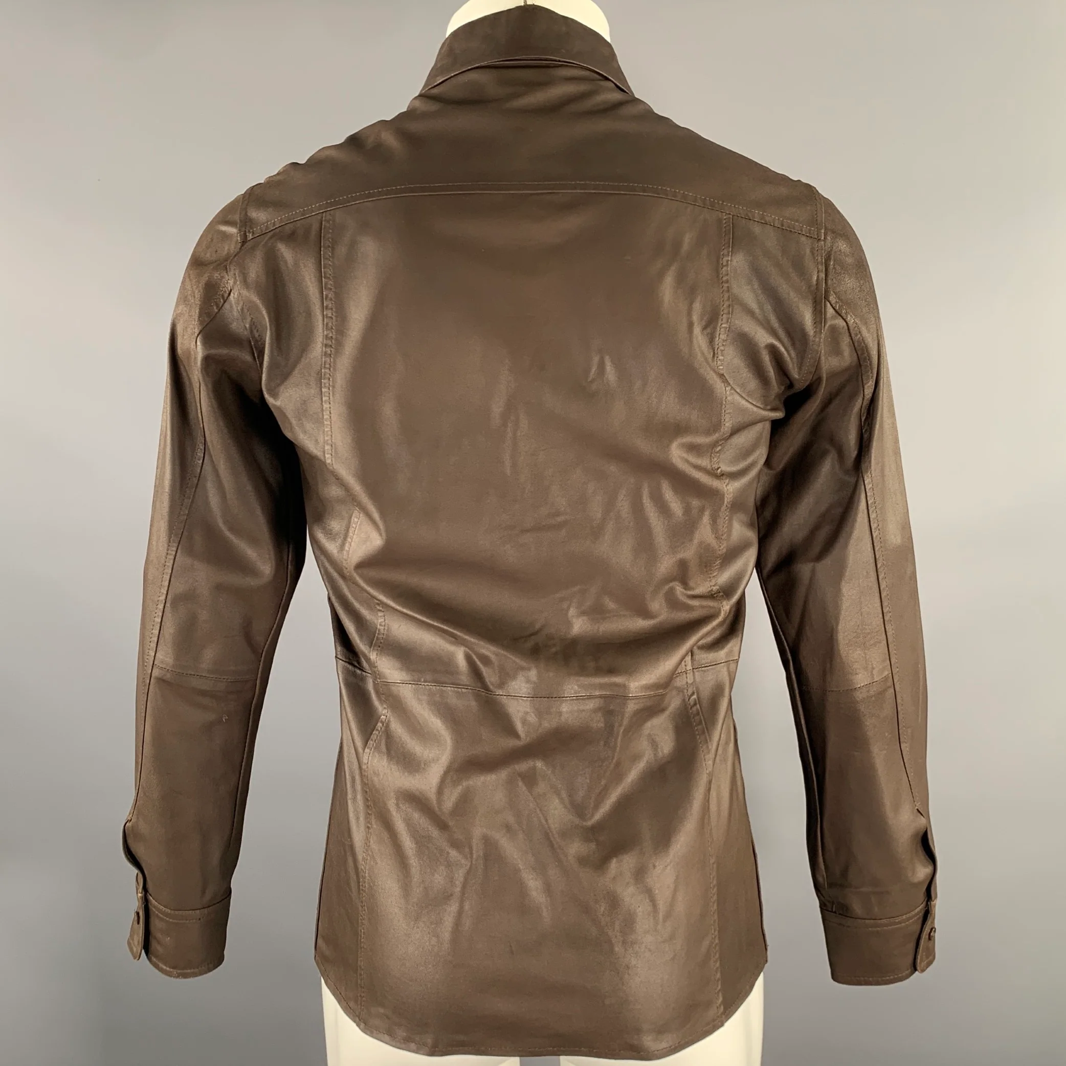 DKNY Size XS Brown Leather Long Sleeve Shirt - Image 4