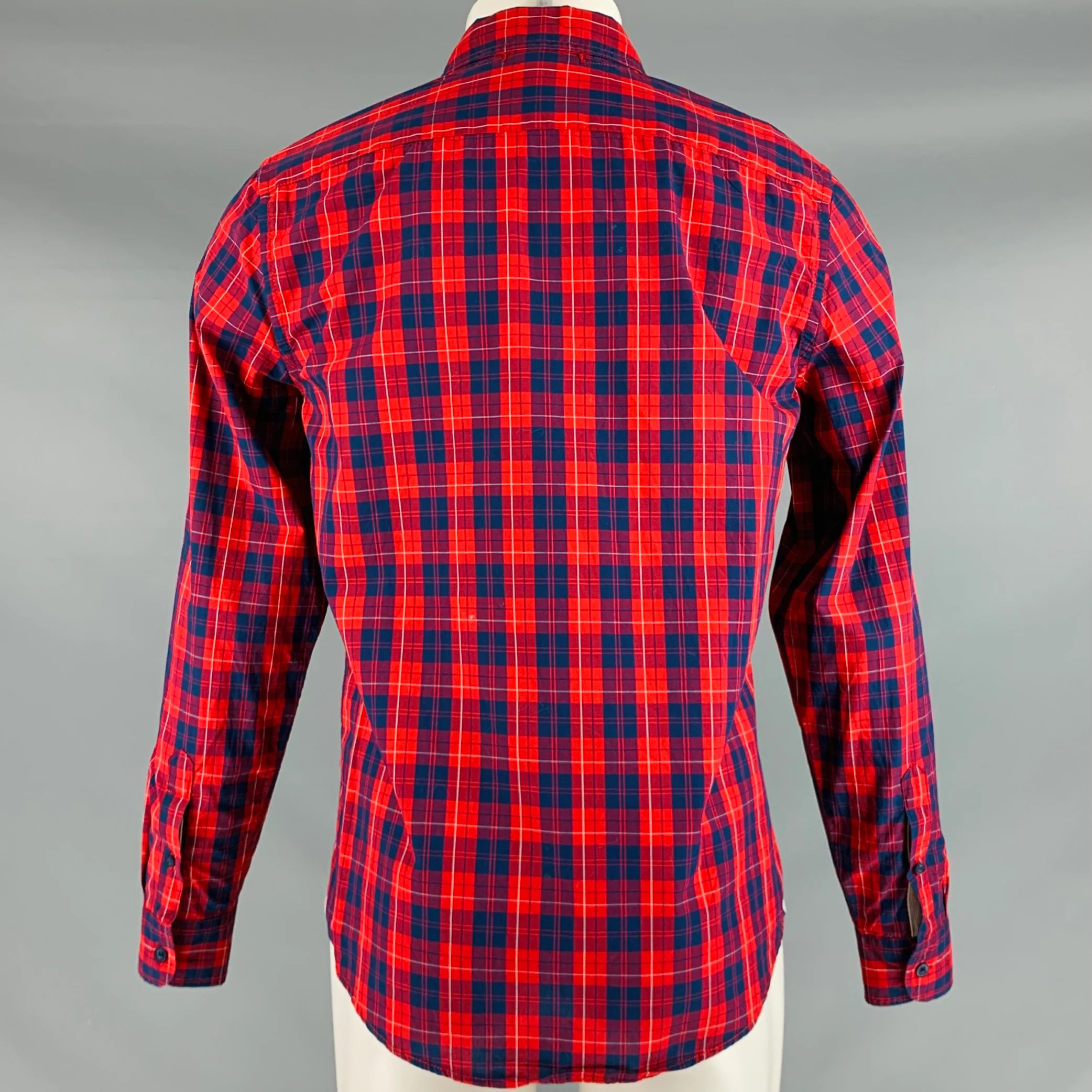DOCKERS Size M Red Navy Plaid Cotton Button Down Long Sleeve Shirt - Image 3