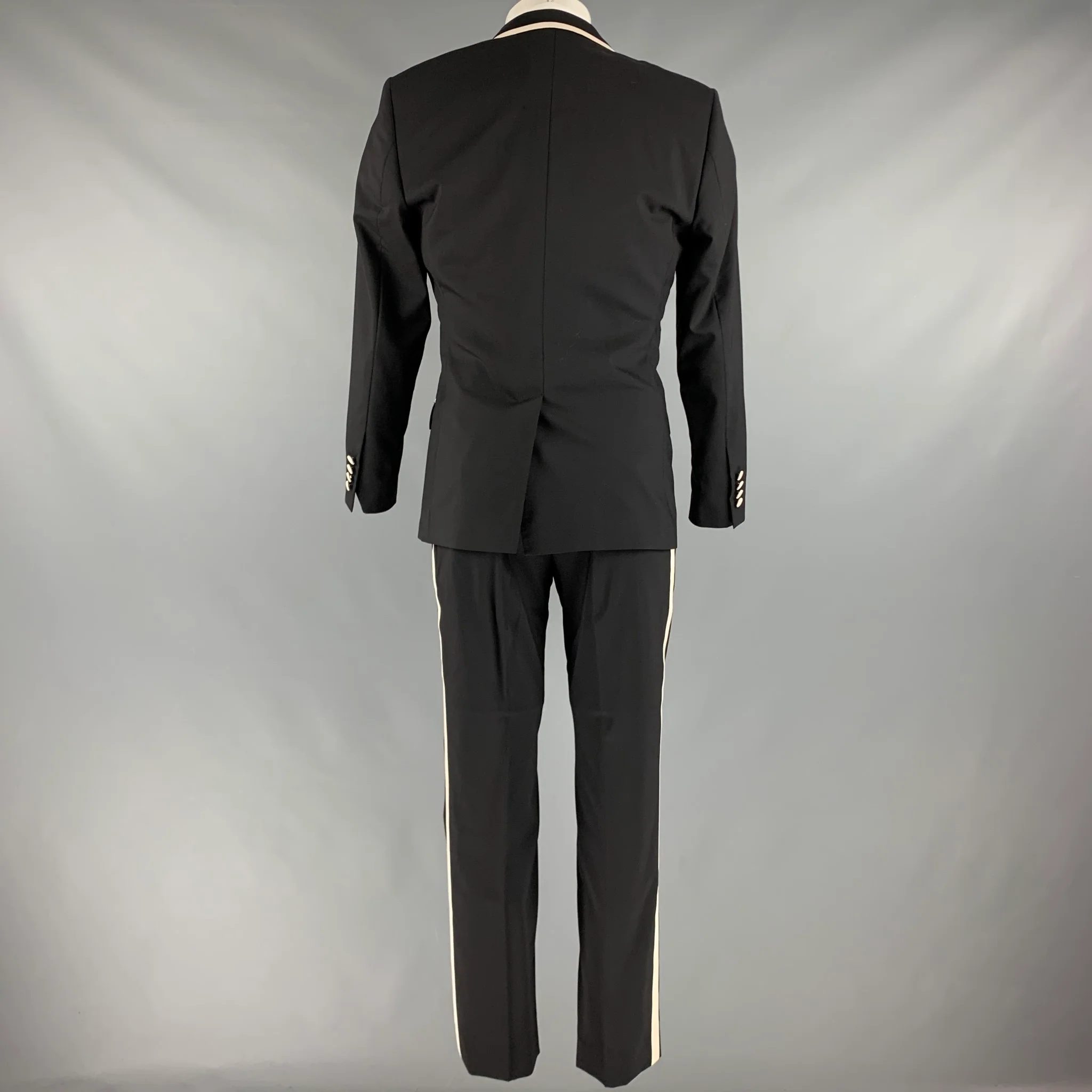 DOLCE & GABBANA Chest Size 38 Black White Solid Wool Blend Peak Lapel Suit - Image 3