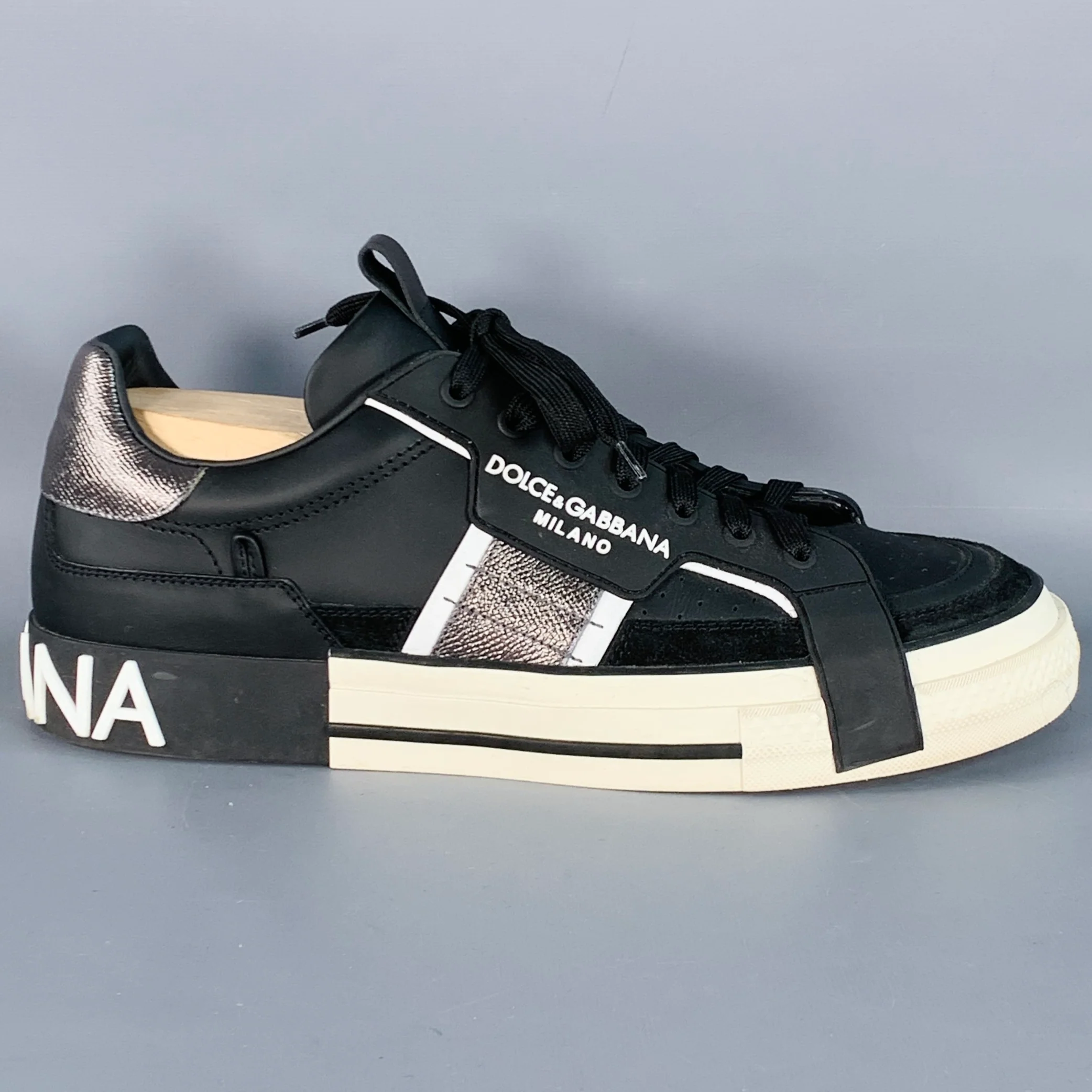 DOLCE & GABBANA Size 10 Black White Silver Logo Leather Sneakers - Image 2