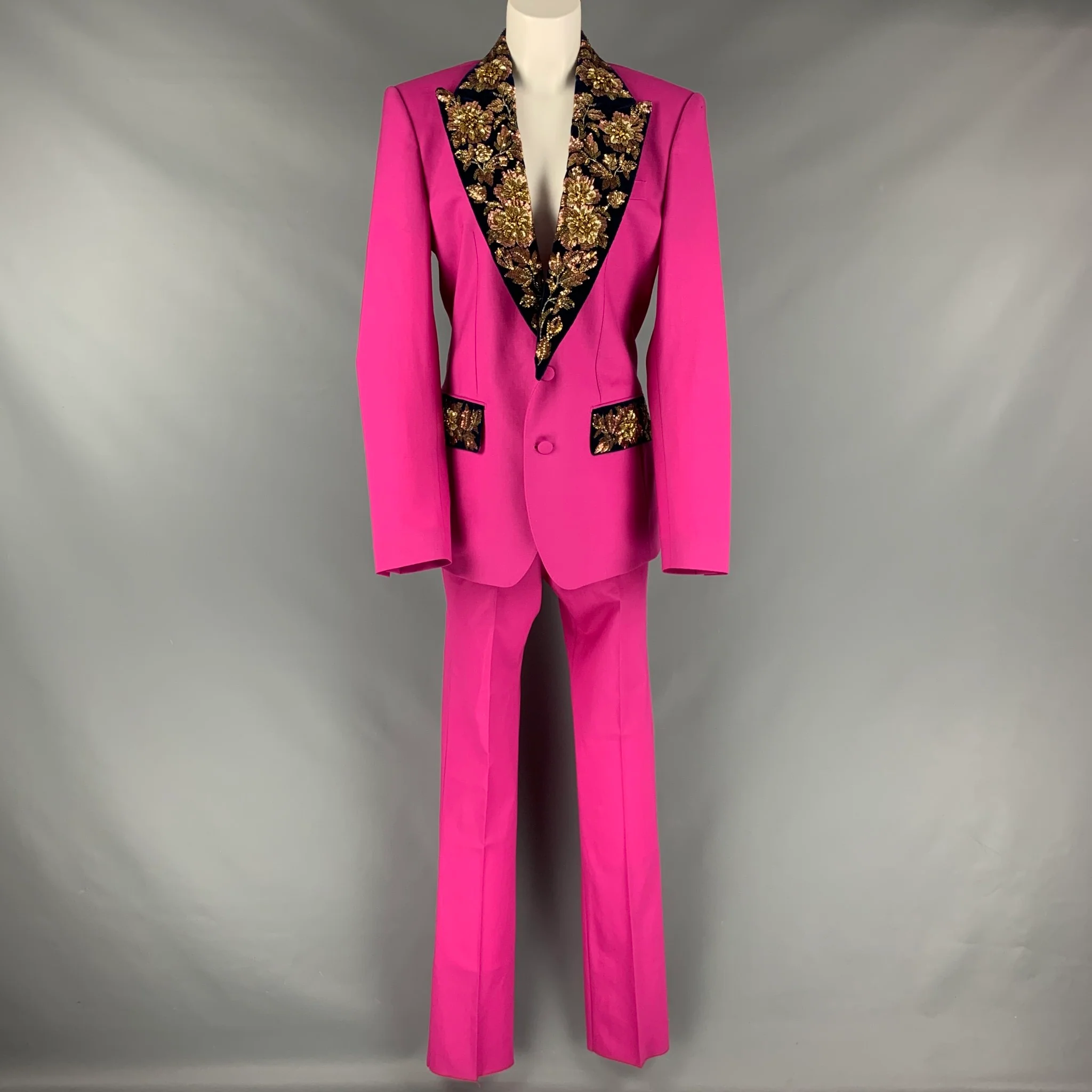 DOLCE & GABBANA Size 12 Pink Navy Gold Wool Beaded Peak Lapel Pants Suit - Image 2