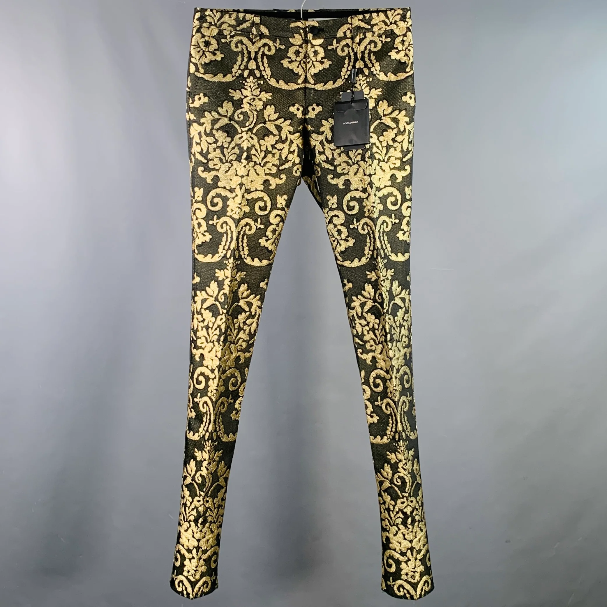 DOLCE & GABBANA Size 30 Black Gold Brocade Polyester Cotton Dress Pants