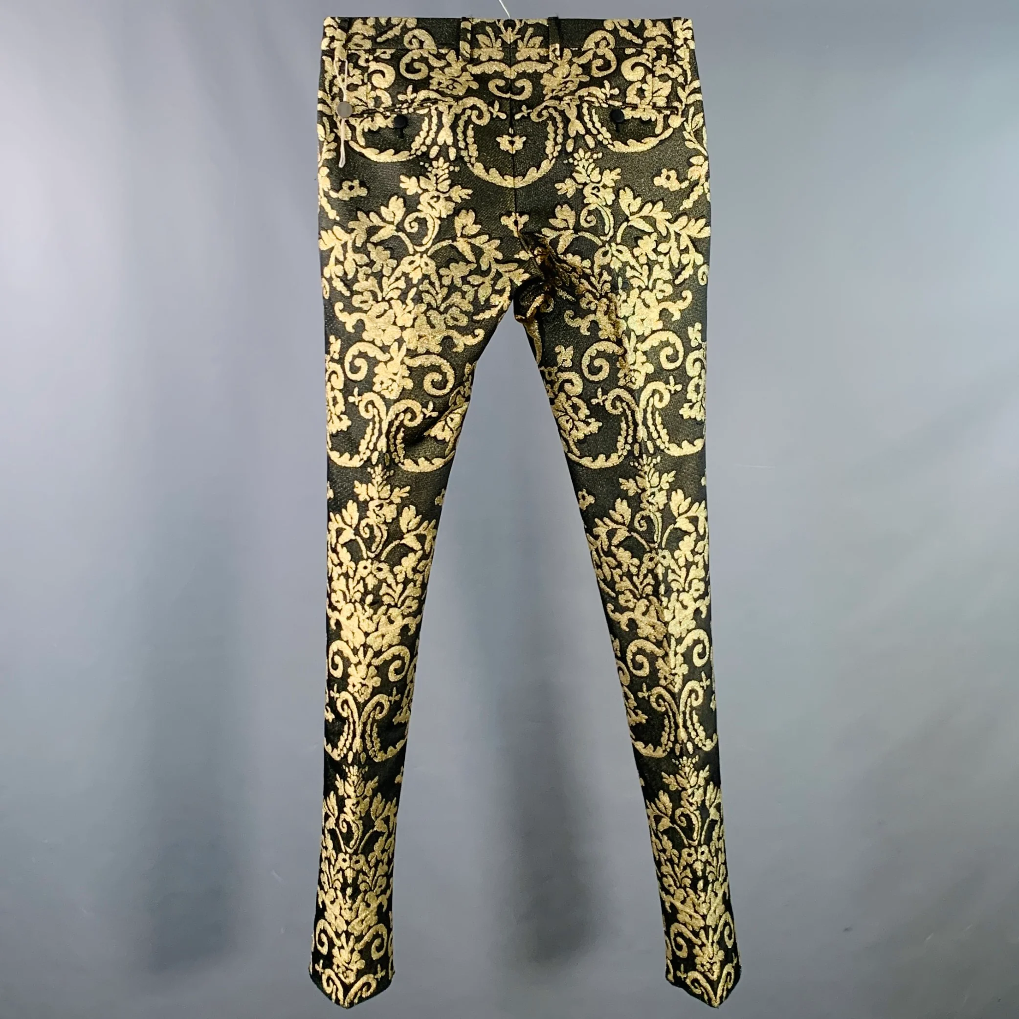 DOLCE & GABBANA Size 30 Black Gold Brocade Polyester Cotton Dress Pants - Image 3