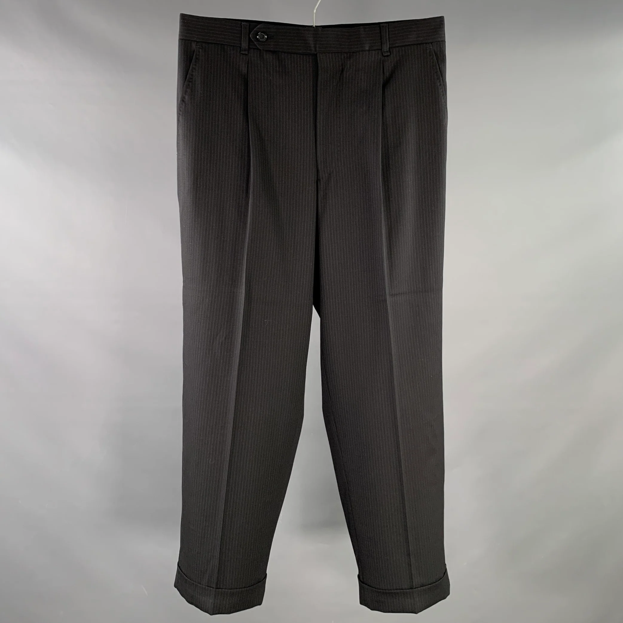 DOLCE & GABBANA Size 32 Black Navy Grey Wool Blend Stripe Cuffed Pleated Dress Pants