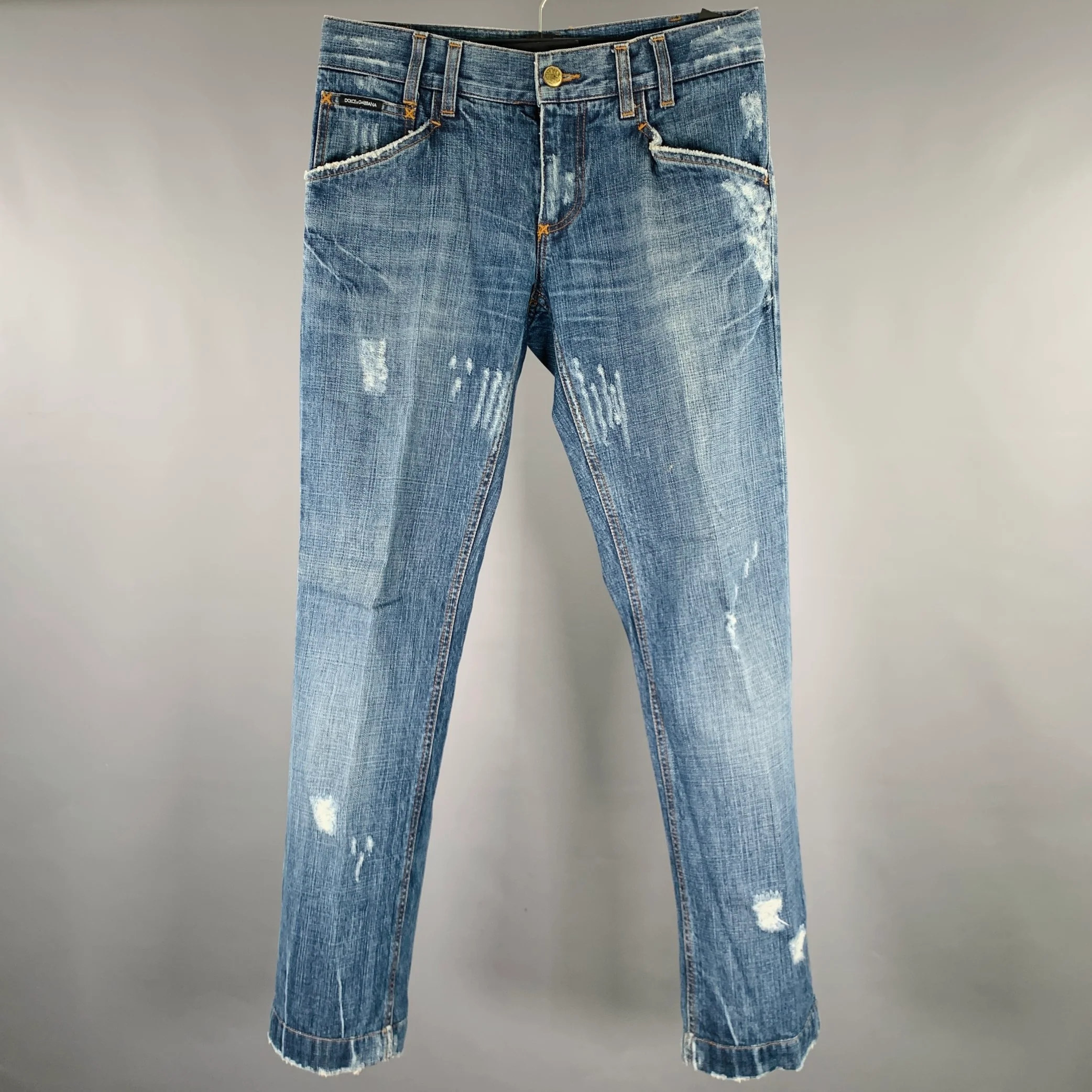 DOLCE & GABBANA Size 32 Blue Distressed Cotton Jeans