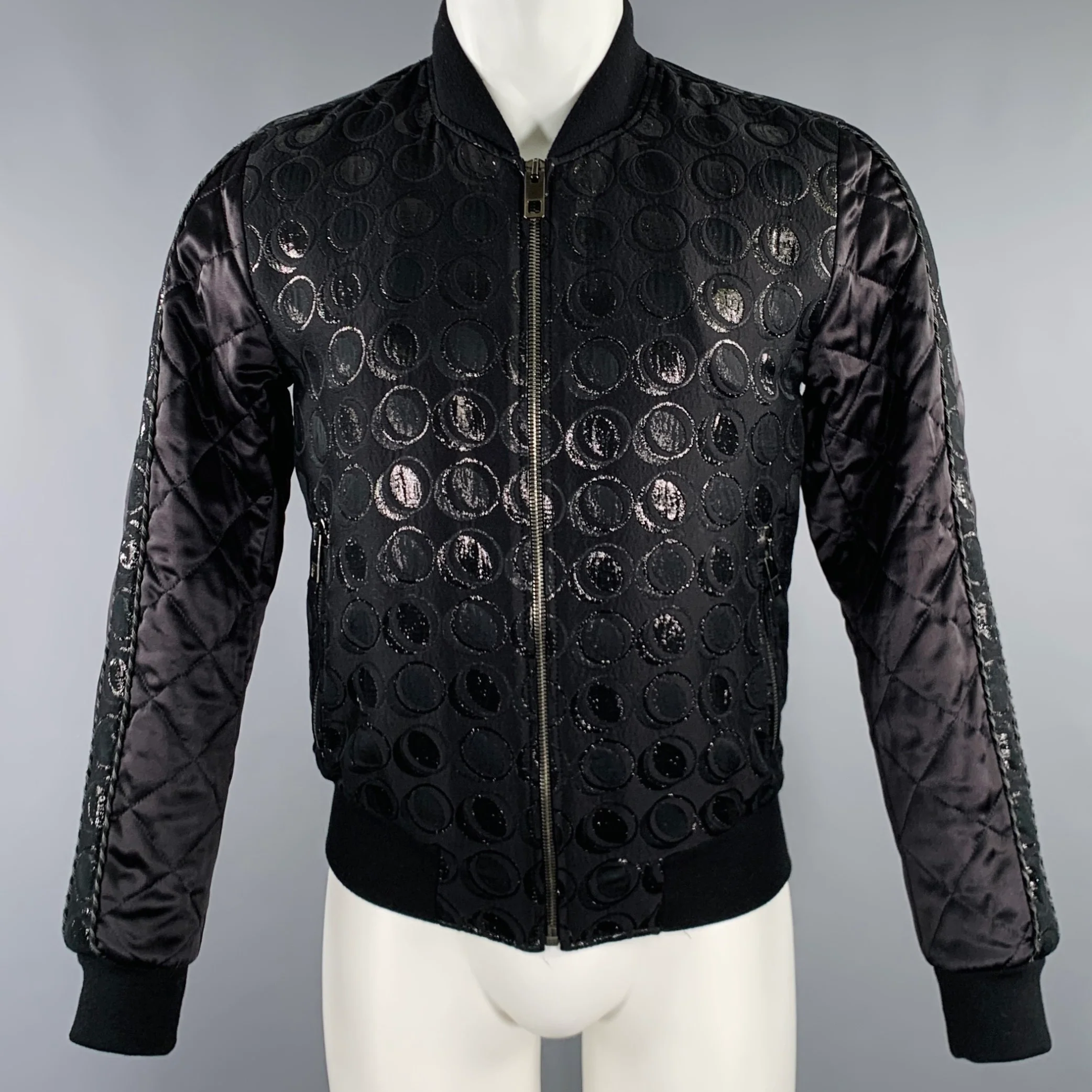 DOLCE & GABBANA Size 34 Black Silver Circles Cotton Blend Bomber Jacket